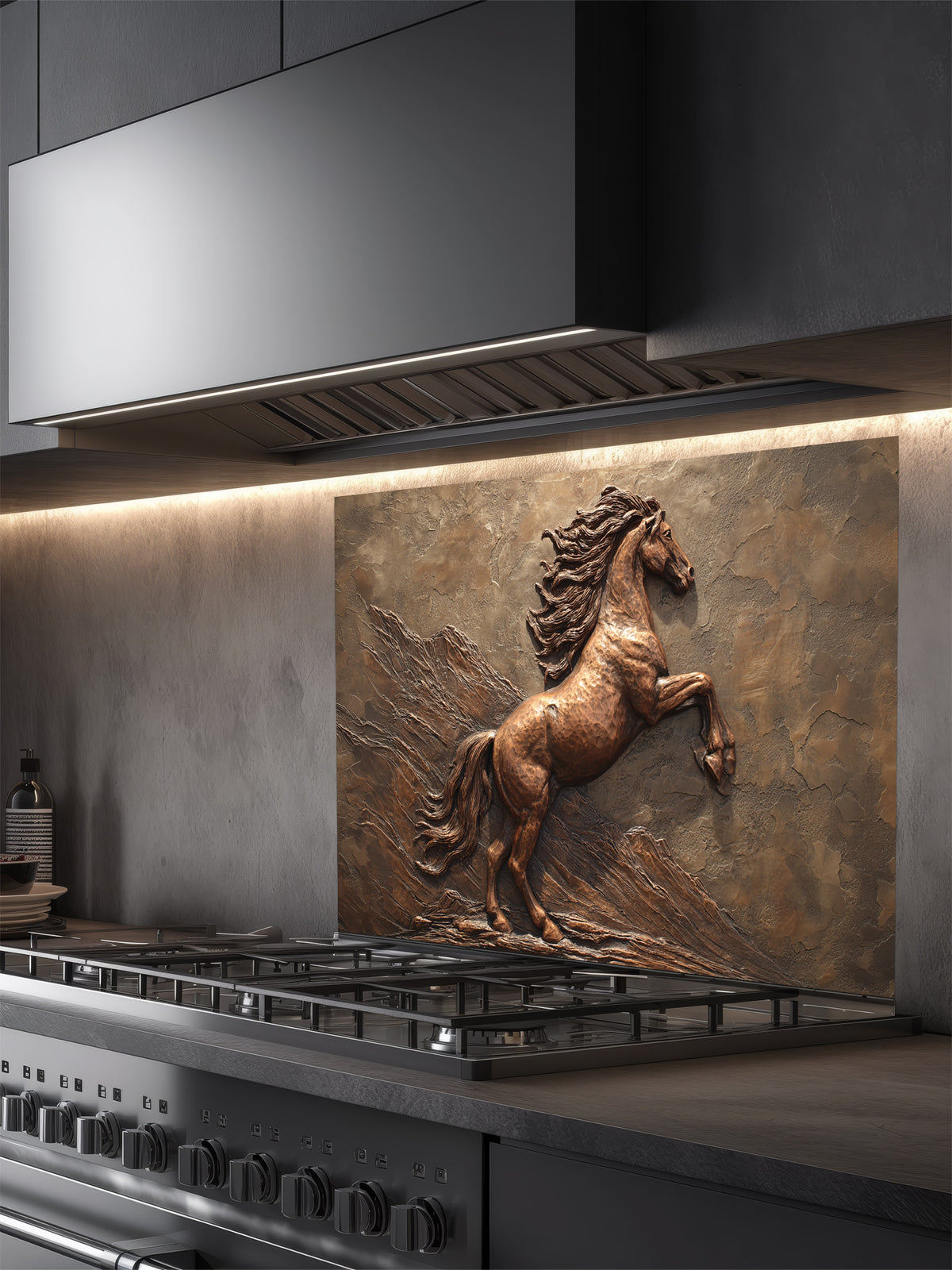Faux 3D effect bronze carving of a majestic rearing horse, UV printed on a smooth tempered glass kitchen backsplash, installed behind a modern stove.