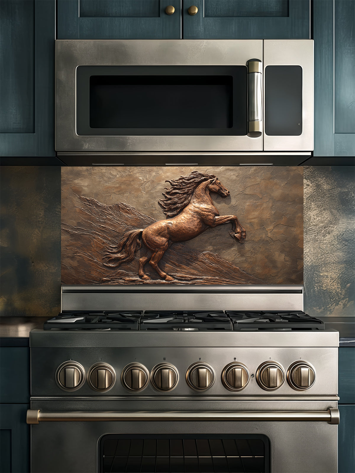 Faux 3D effect bronze carving of a majestic rearing horse, UV printed on a smooth tempered glass kitchen backsplash, installed behind a modern stove.