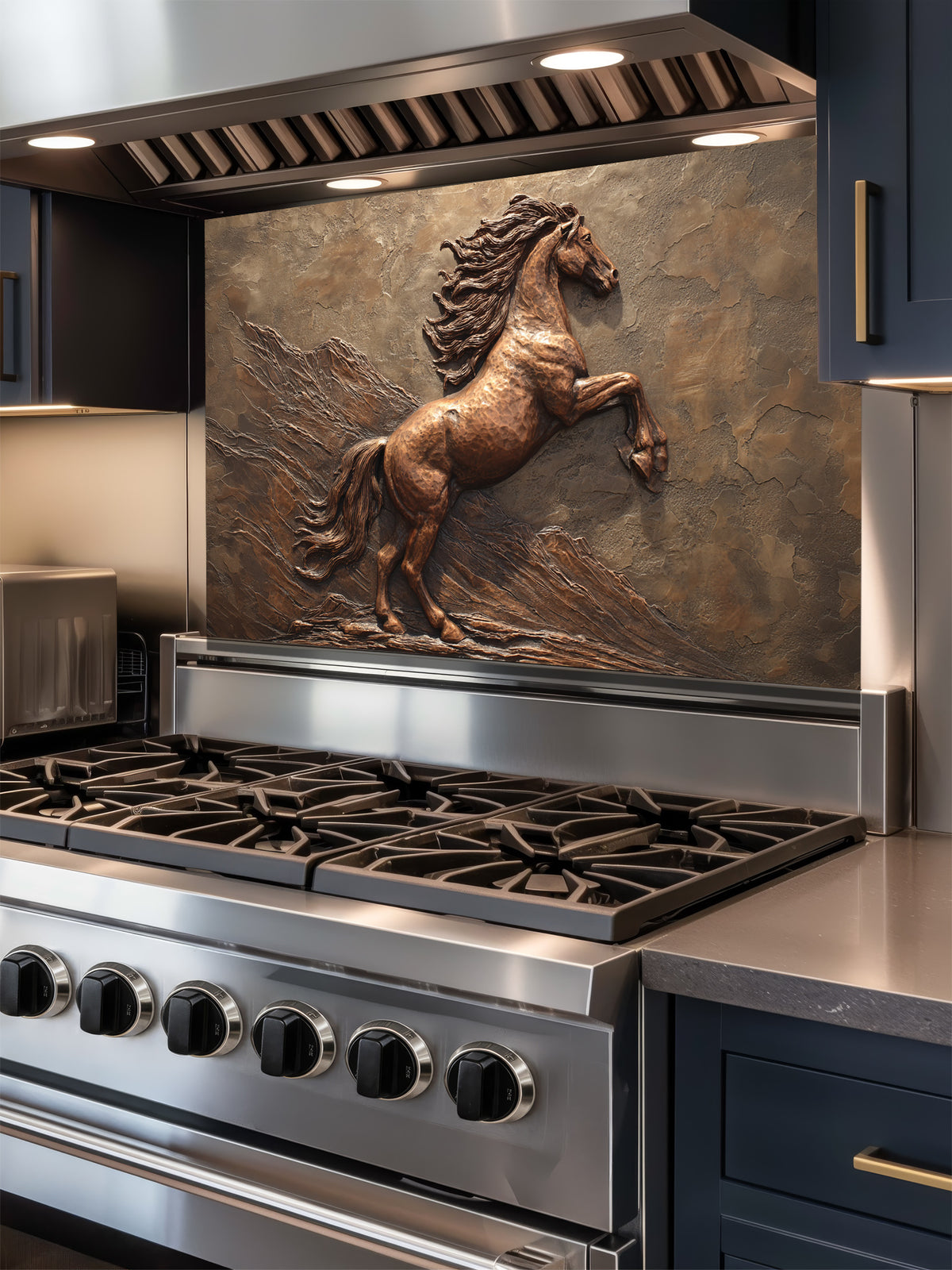 Faux 3D effect bronze carving of a majestic rearing horse, UV printed on a smooth tempered glass kitchen backsplash, installed behind a modern stove.