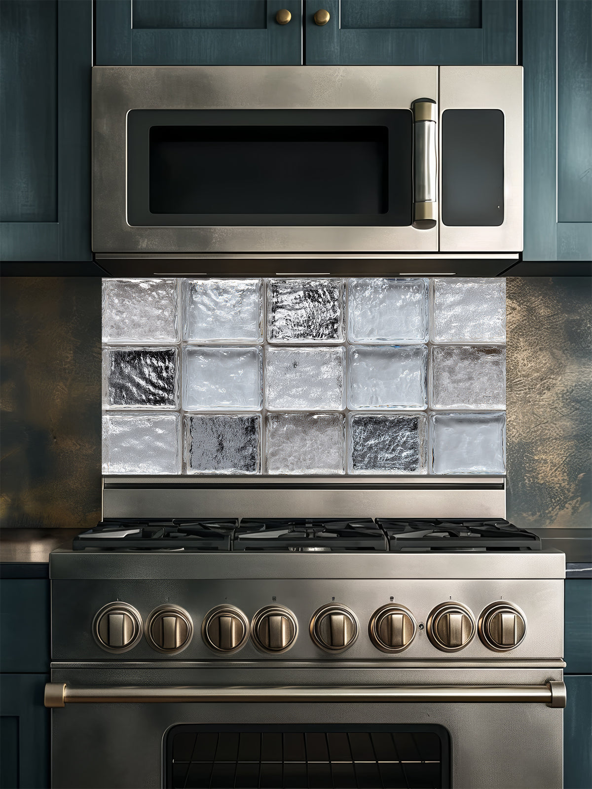 Faux clear glass block and ice texture 3D effect UV printed on a smooth tempered glass kitchen backsplash, installed behind a modern stove.