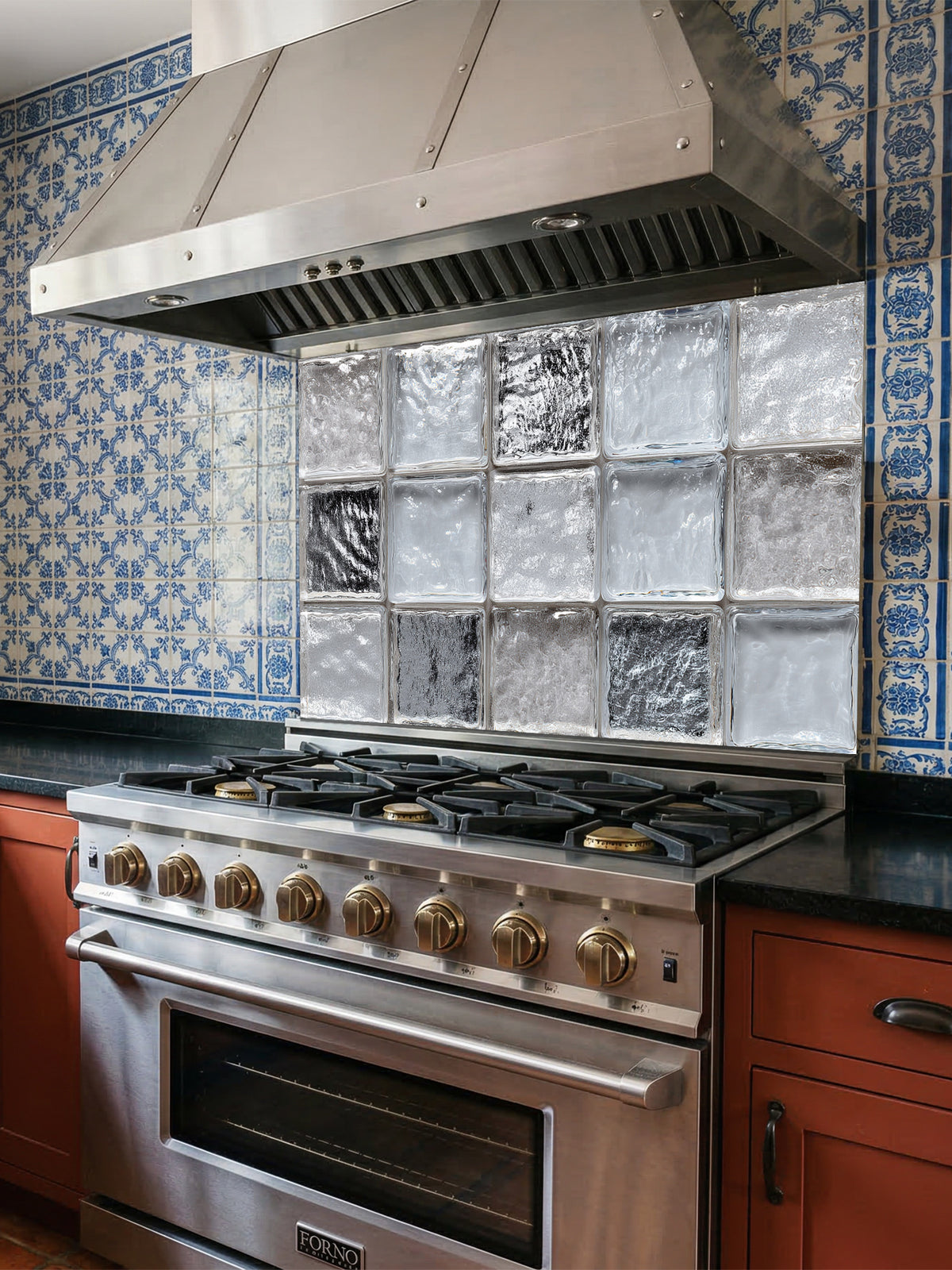 Faux clear glass block and ice texture 3D effect UV printed on a smooth tempered glass kitchen backsplash, installed behind a modern stove.