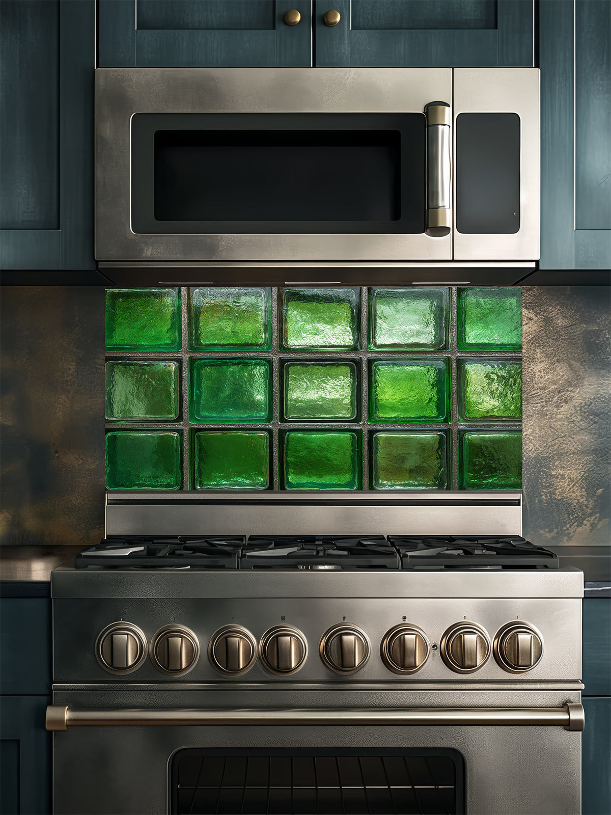 Faux green glass block 3D effect UV printed on a smooth tempered glass kitchen backsplash, installed behind a modern stove.