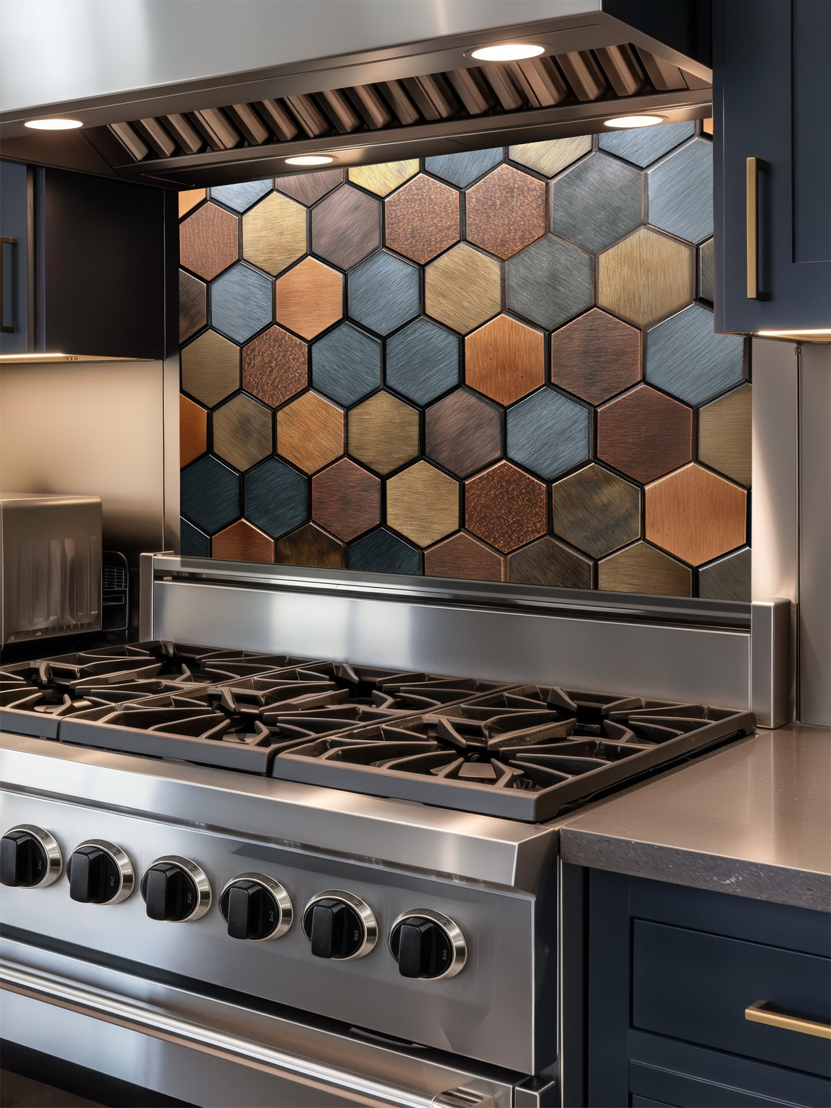 Faux 3D effect mixed metallic hexagon tiles in copper, bronze, and steel tones, UV printed on a smooth tempered glass kitchen backsplash, installed behind a modern stove.