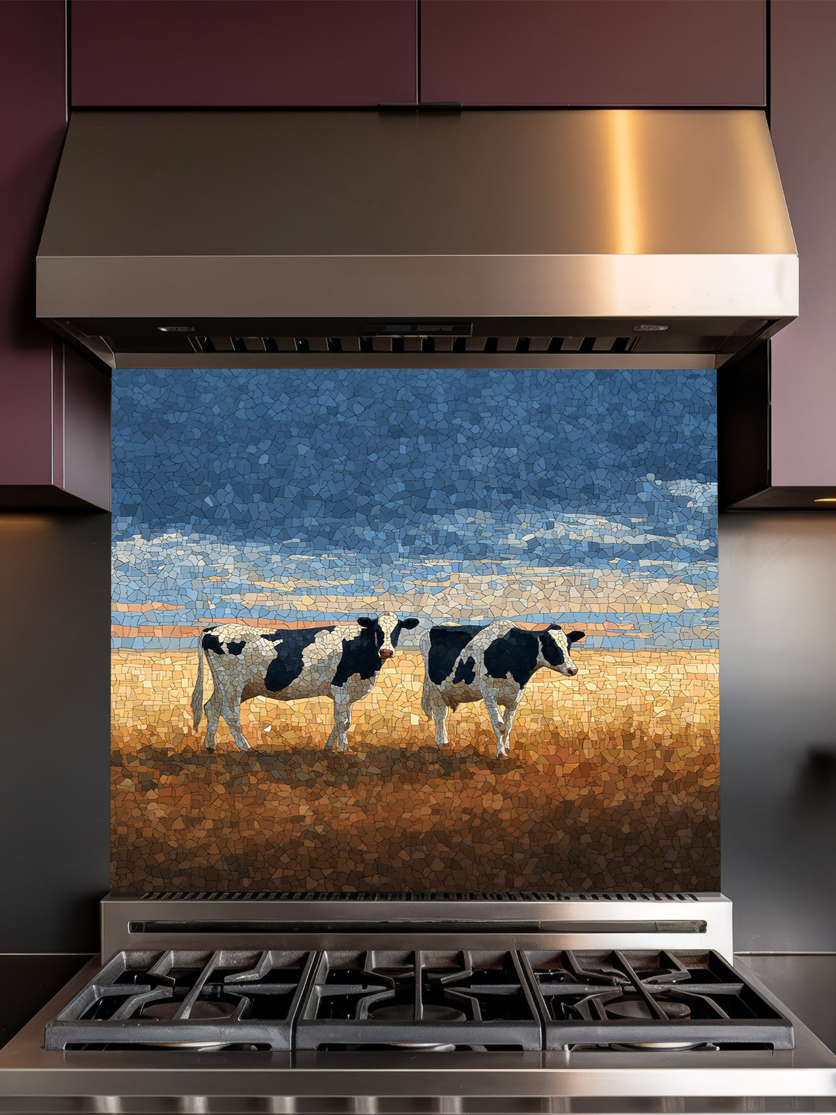 Faux mosaic tile art of black and white cows standing in a golden pasture under a blue sky, UV printed on a smooth tempered glass kitchen backsplash, installed behind a modern stove.
