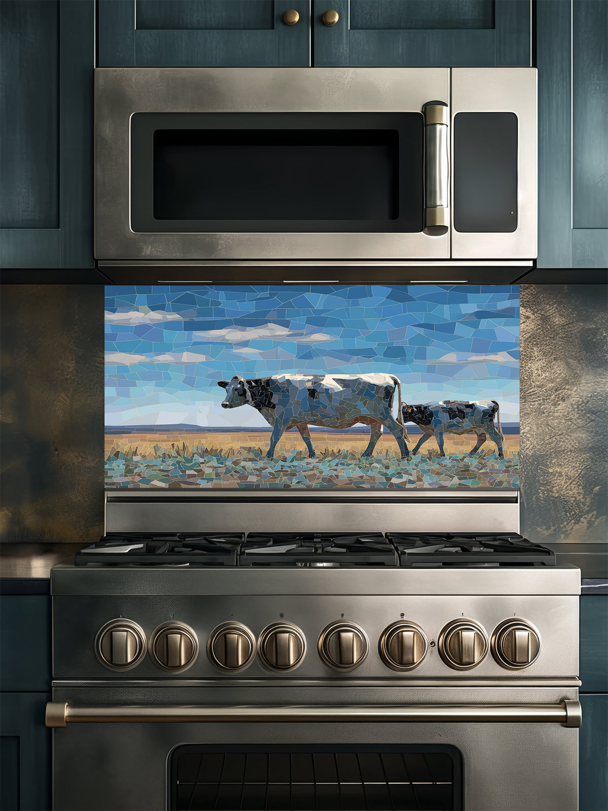 Faux mosaic tile art of a cow and calf in a pasture under a blue sky, UV printed on a smooth tempered glass kitchen backsplash, installed behind a modern stove.