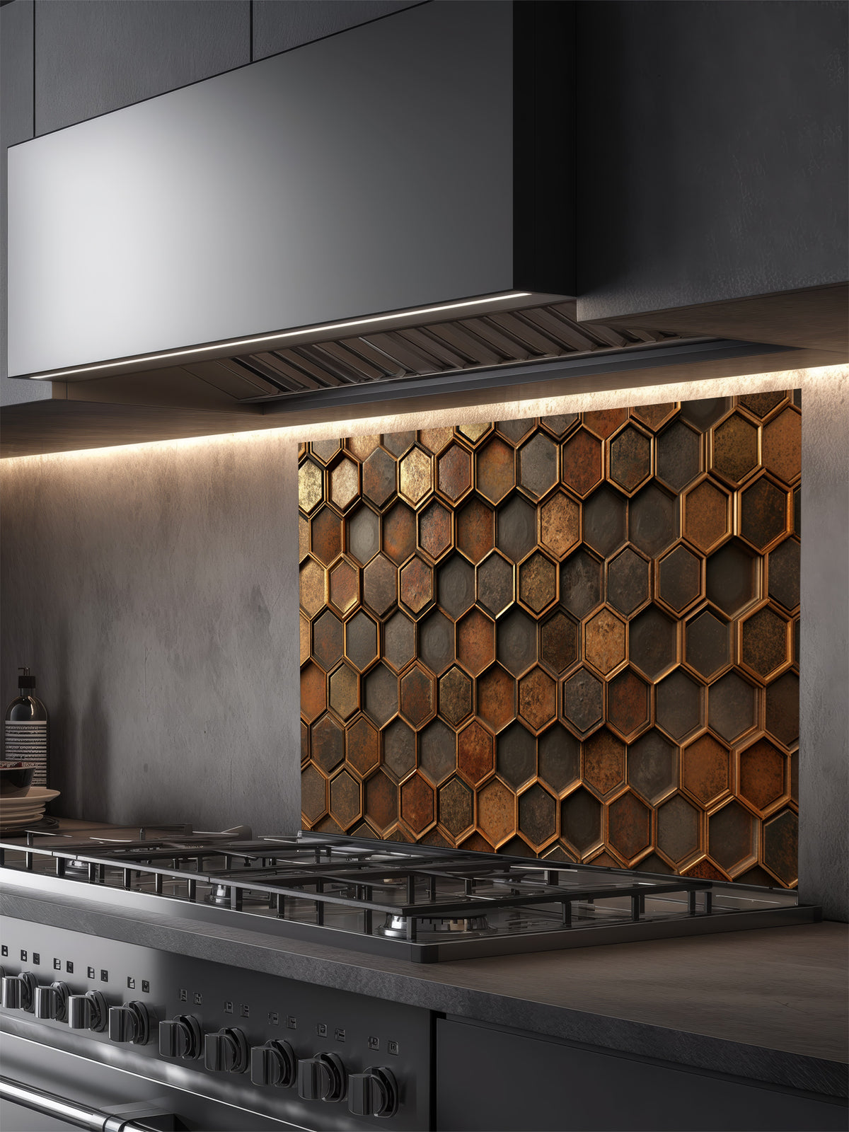Faux 3D effect weathered and rusted metal hexagon tiles in copper and iron tones, UV printed on a smooth tempered glass kitchen backsplash, installed behind a modern stove.