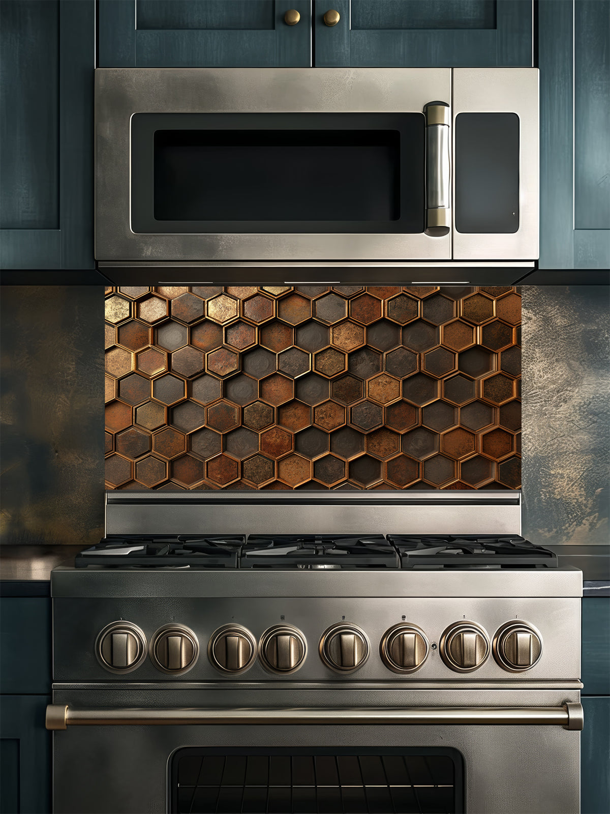 Faux 3D effect weathered and rusted metal hexagon tiles in copper and iron tones, UV printed on a smooth tempered glass kitchen backsplash, installed behind a modern stove.