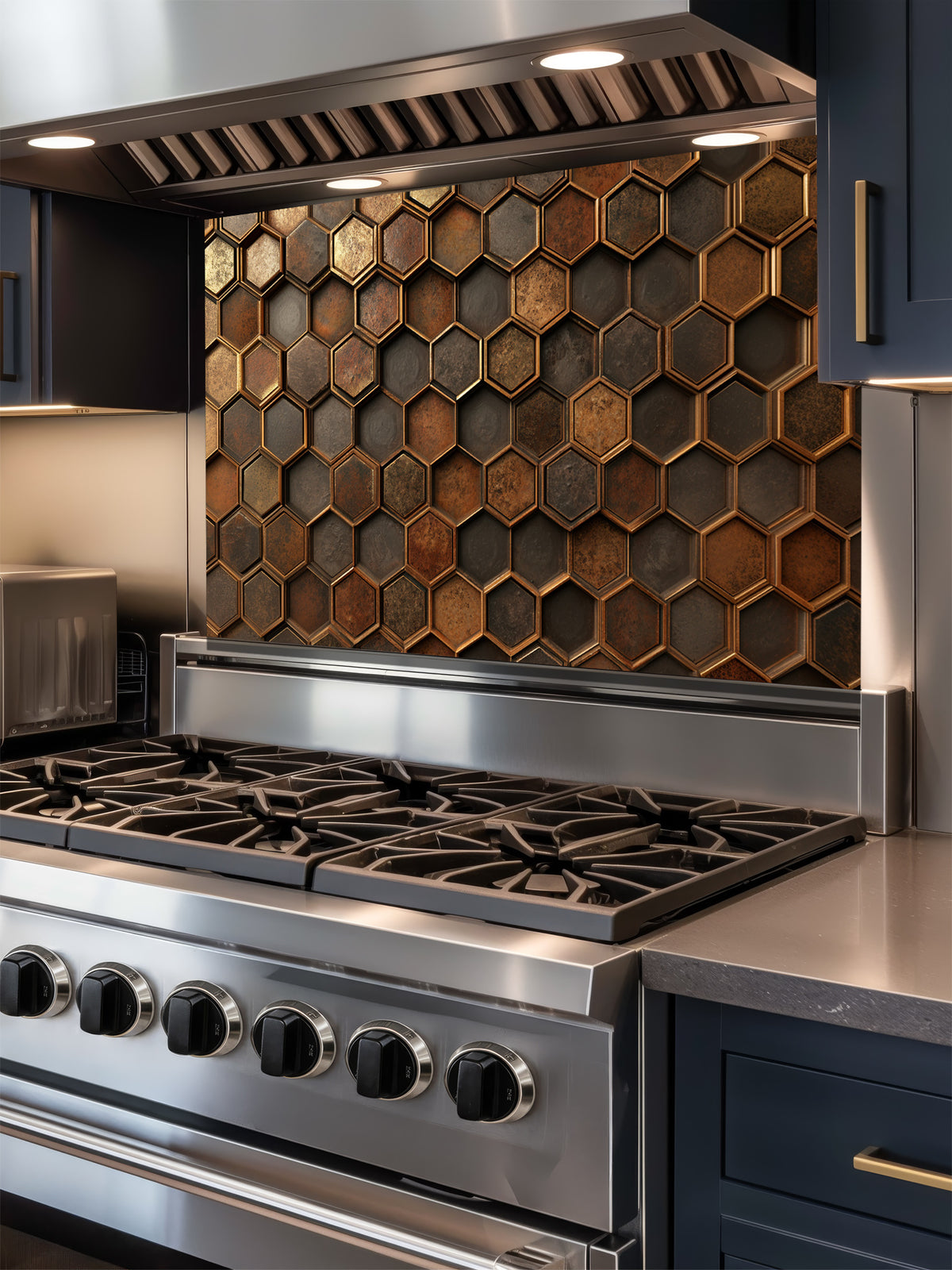Faux 3D effect weathered and rusted metal hexagon tiles in copper and iron tones, UV printed on a smooth tempered glass kitchen backsplash, installed behind a modern stove.