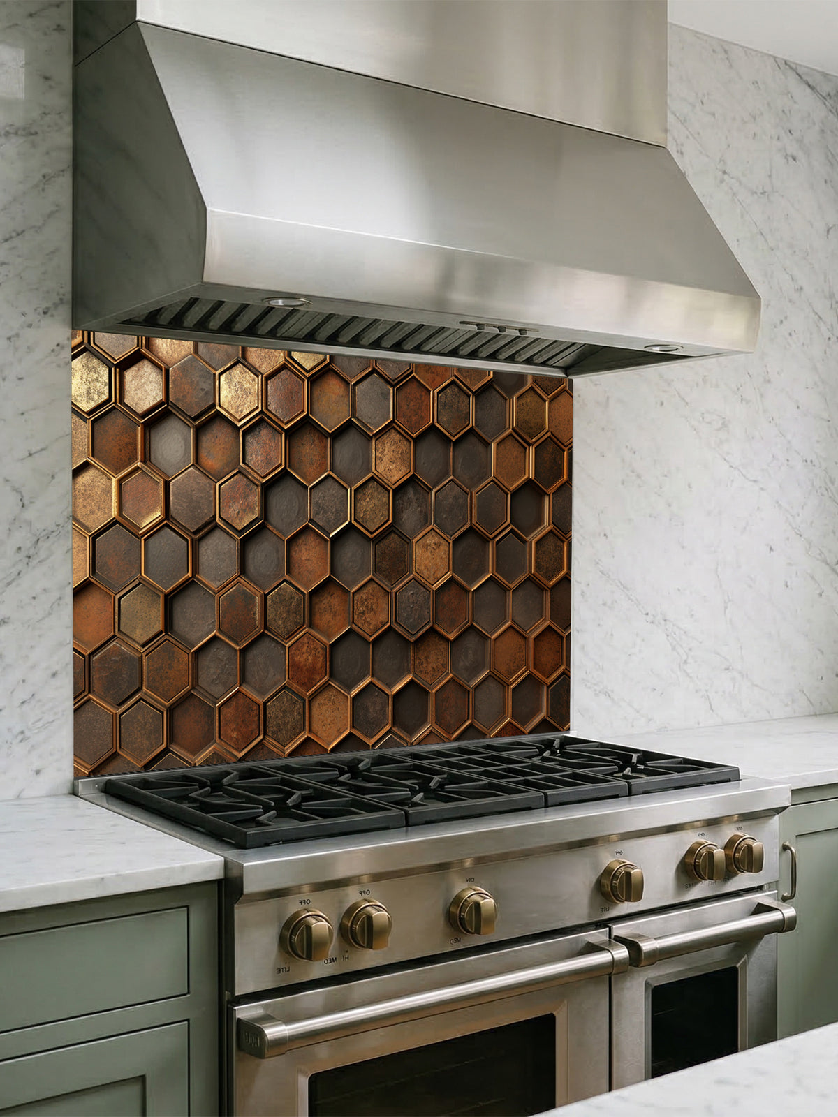 Faux 3D effect weathered and rusted metal hexagon tiles in copper and iron tones, UV printed on a smooth tempered glass kitchen backsplash, installed behind a modern stove.