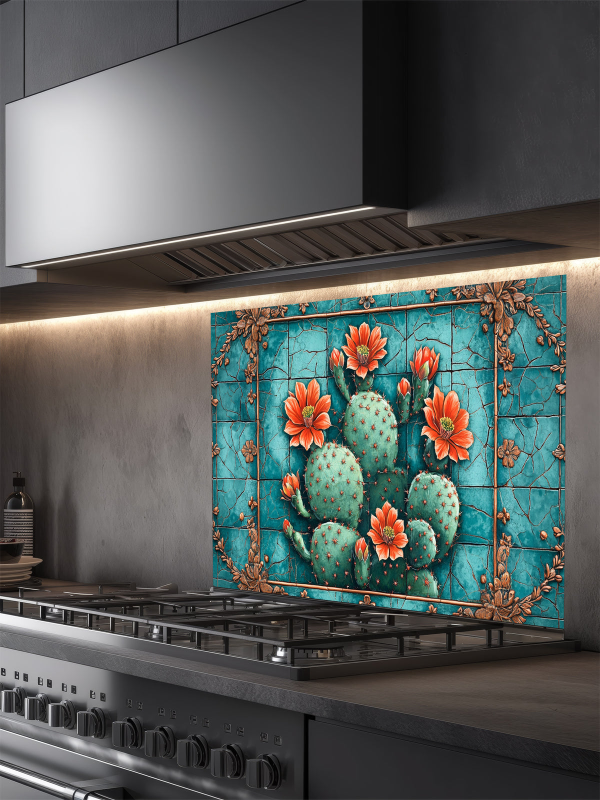 Faux vintage cracked turquoise tile featuring a blooming prickly pear cactus with orange flowers, UV printed on a smooth tempered glass kitchen backsplash, installed behind a modern stove.