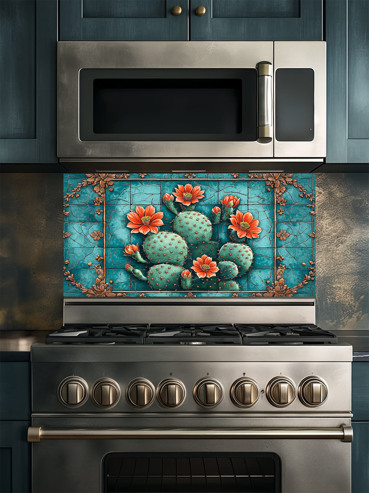 Faux vintage cracked turquoise tile featuring a blooming prickly pear cactus with orange flowers, UV printed on a smooth tempered glass kitchen backsplash, installed behind a modern stove.