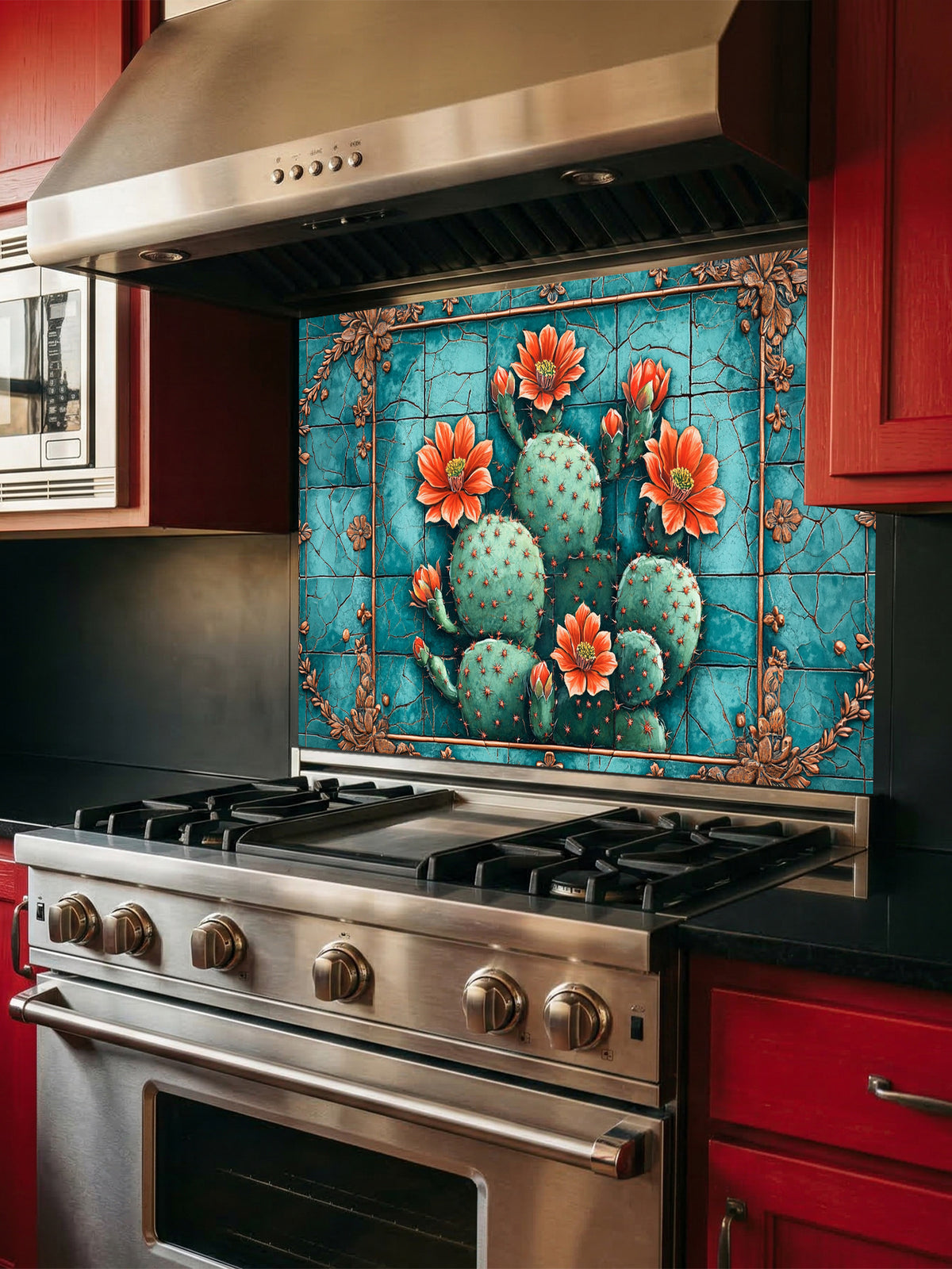 Faux vintage cracked turquoise tile featuring a blooming prickly pear cactus with orange flowers, UV printed on a smooth tempered glass kitchen backsplash, installed behind a modern stove.