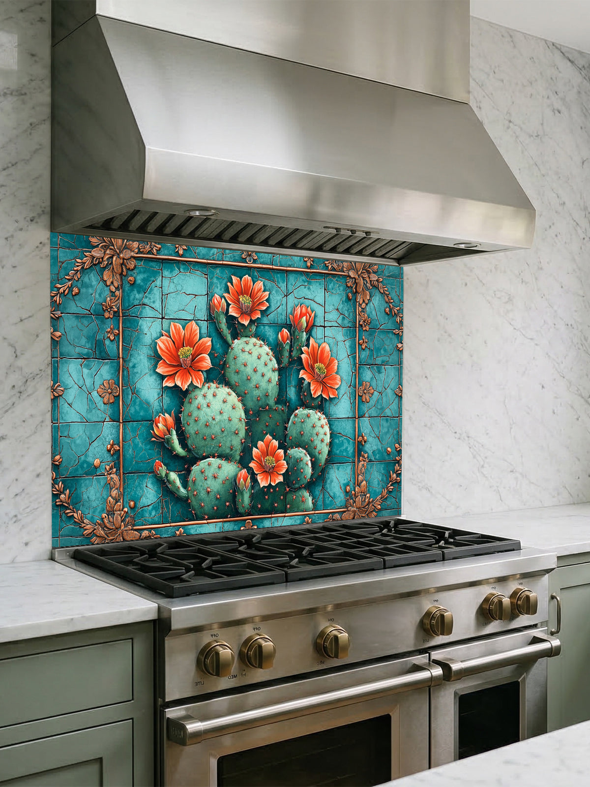 Faux vintage cracked turquoise tile featuring a blooming prickly pear cactus with orange flowers, UV printed on a smooth tempered glass kitchen backsplash, installed behind a modern stove.