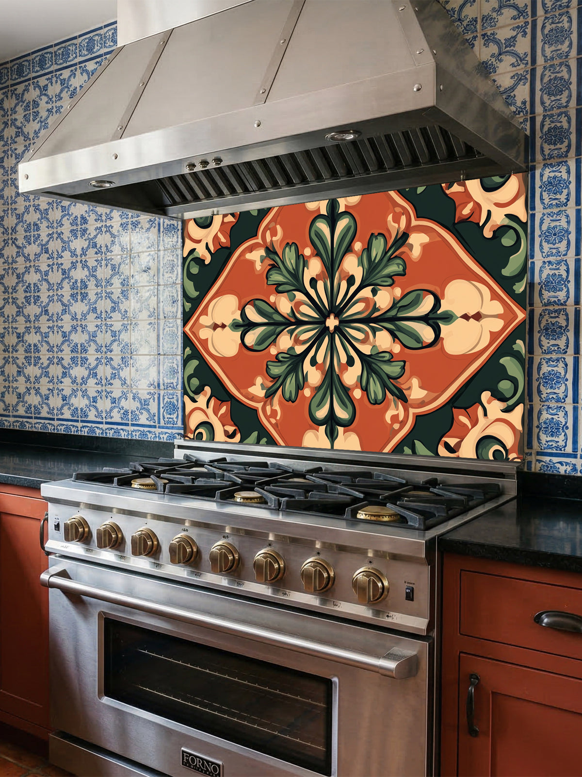 Large vintage style Spanish floral medallion tile mural in terracotta, olive green, and cream, UV printed on a smooth tempered glass kitchen backsplash.