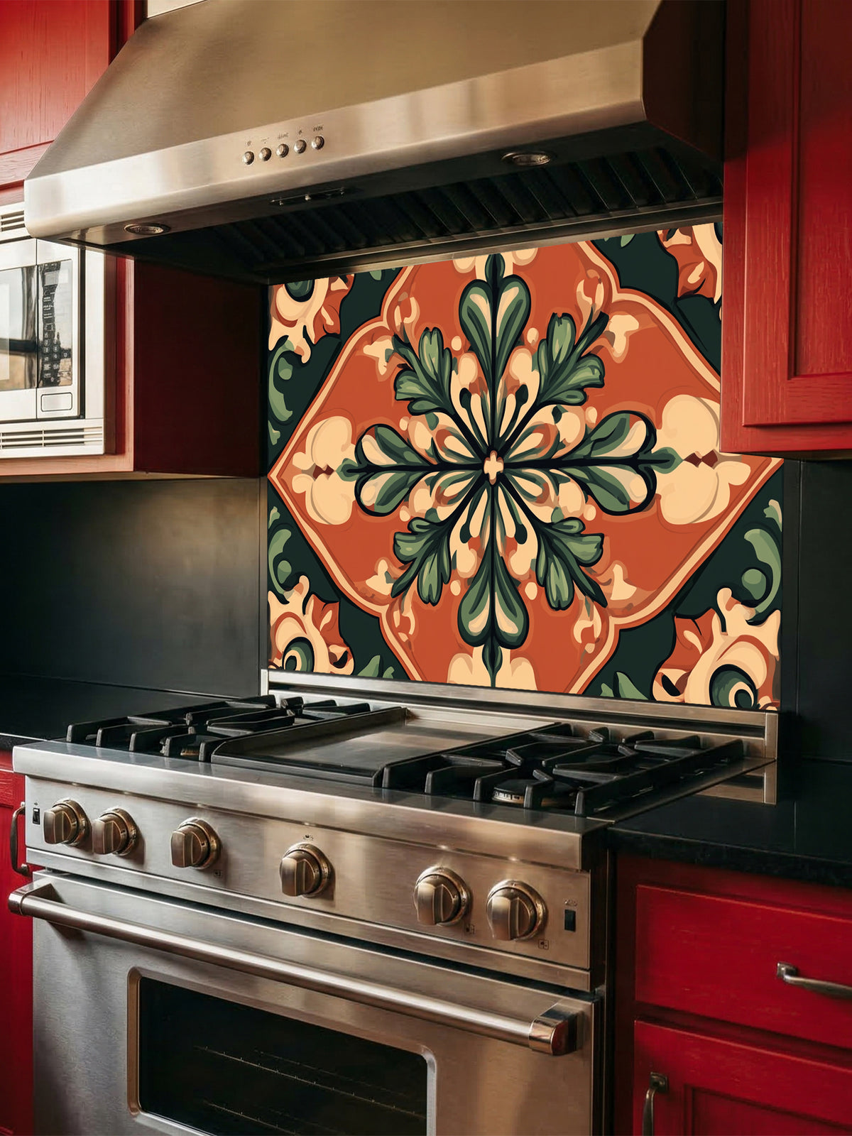 Large vintage style Spanish floral medallion tile mural in terracotta, olive green, and cream, UV printed on a smooth tempered glass kitchen backsplash.