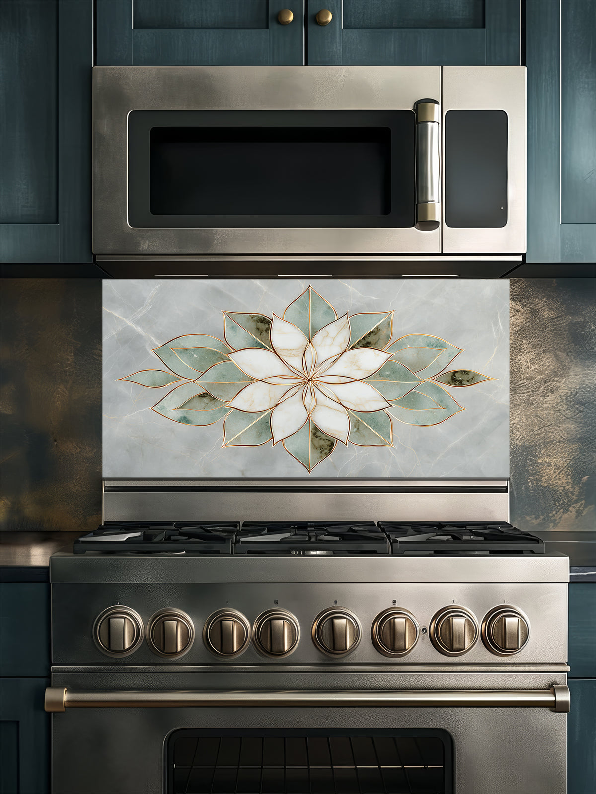 Faux light green jade marble kitchen backsplash featuring a sharp, geometric white and sage green stone lotus with gold inlay, UV printed on smooth tempered glass.