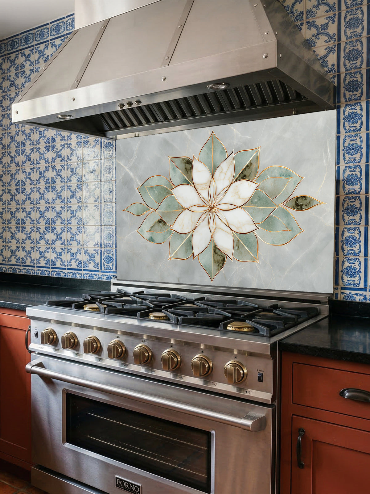 Faux light green jade marble kitchen backsplash featuring a sharp, geometric white and sage green stone lotus with gold inlay, UV printed on smooth tempered glass.