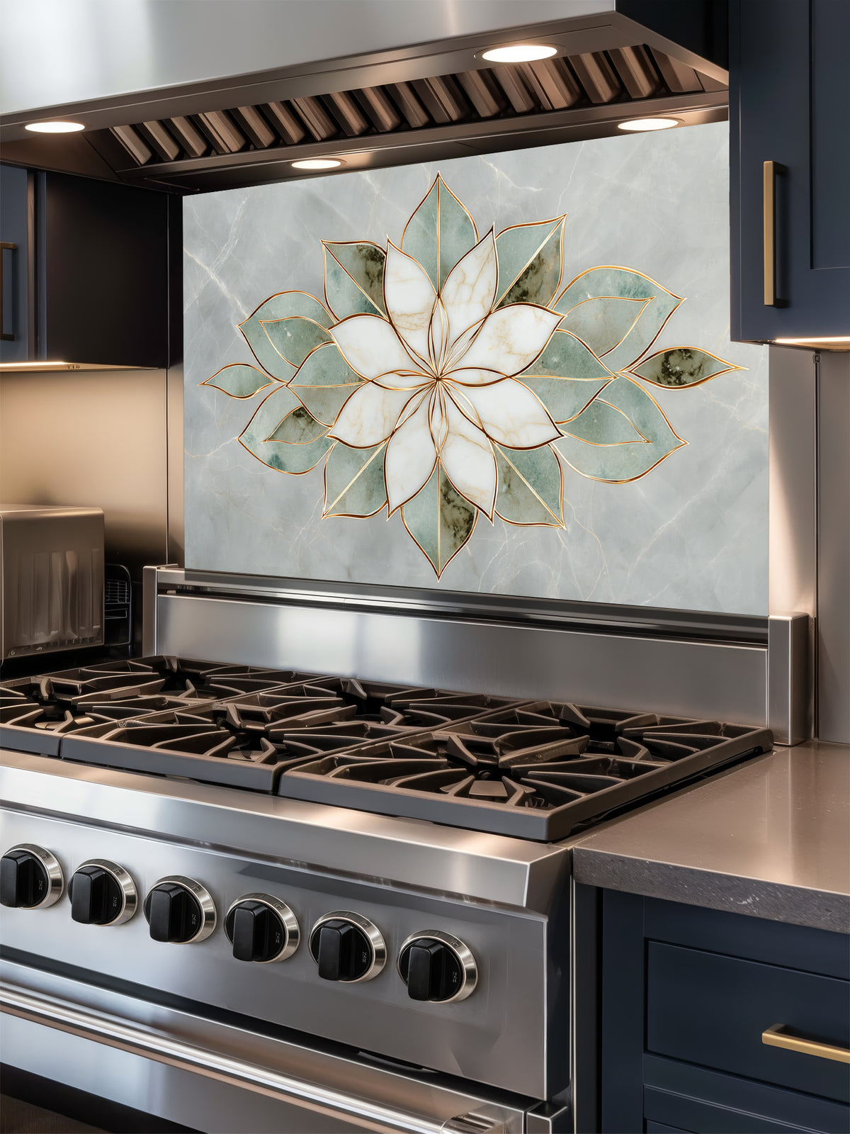 Faux light green jade marble kitchen backsplash featuring a sharp, geometric white and sage green stone lotus with gold inlay, UV printed on smooth tempered glass.