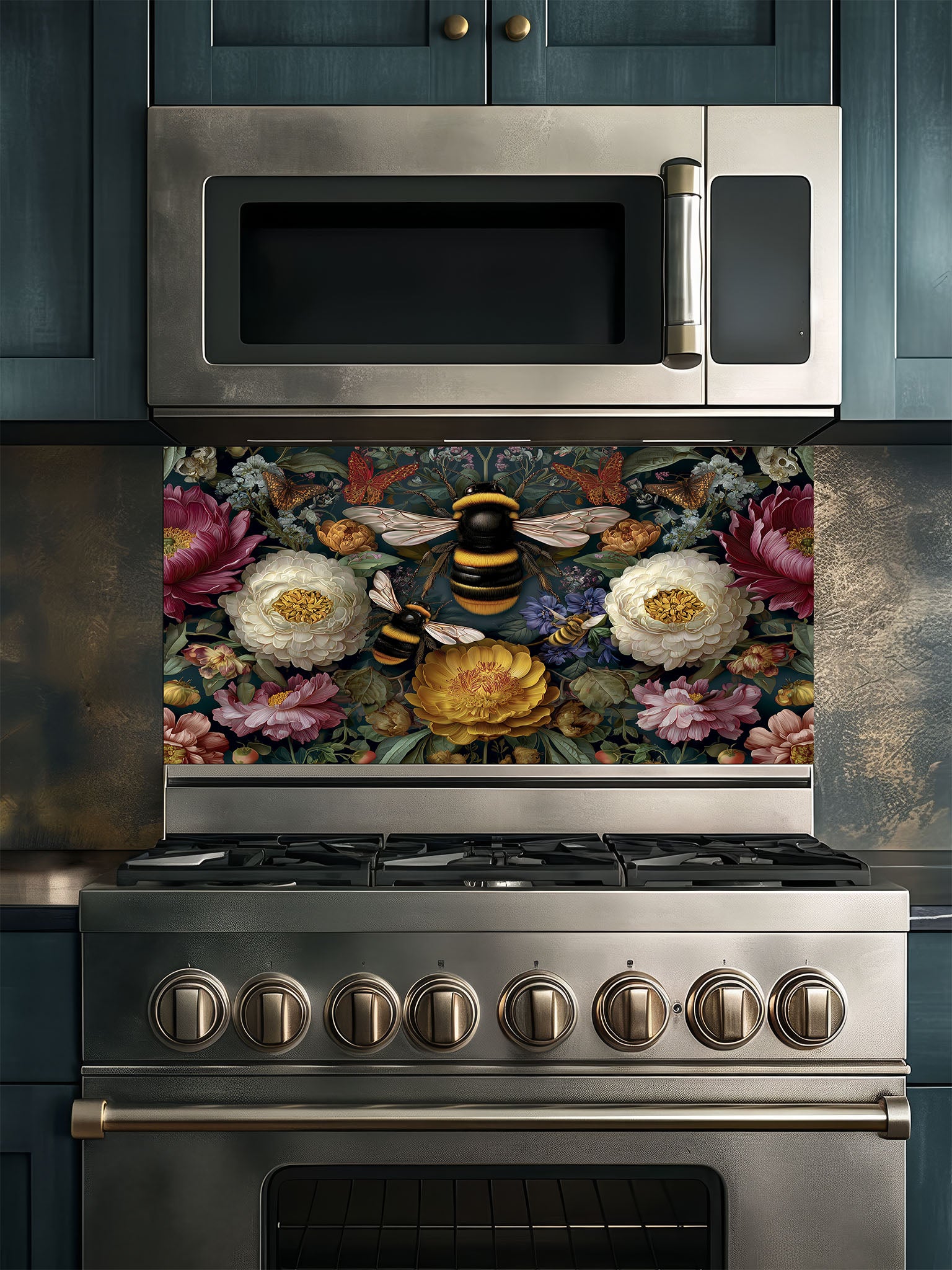Tempered glass kitchen backsplash featuring a dark moody floral and large bumblebee vintage design installed behind a modern stainless steel stove.