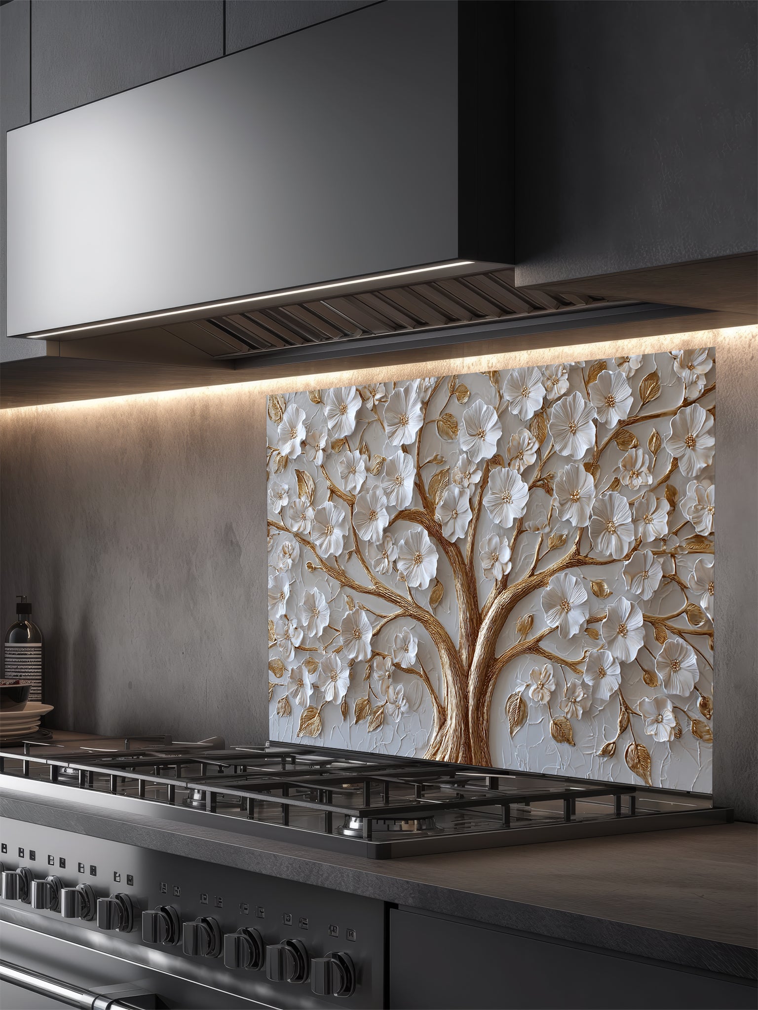 Faux 3D sculpted relief of a floral tree with pearl-white blossoms and heavy molten gold branches on a textured champagne background, UV printed on a smooth tempered glass kitchen backsplash.