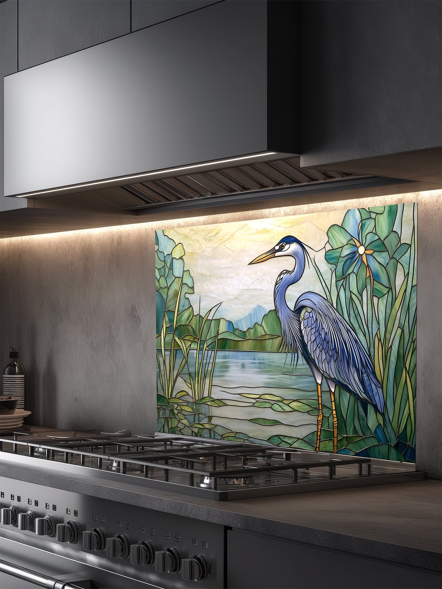 Tempered glass kitchen backsplash featuring a bright faux stained glass design of a majestic blue heron standing among lily pads against a glowing sunrise and mountain landscape, installed behind a modern stainless steel stove.