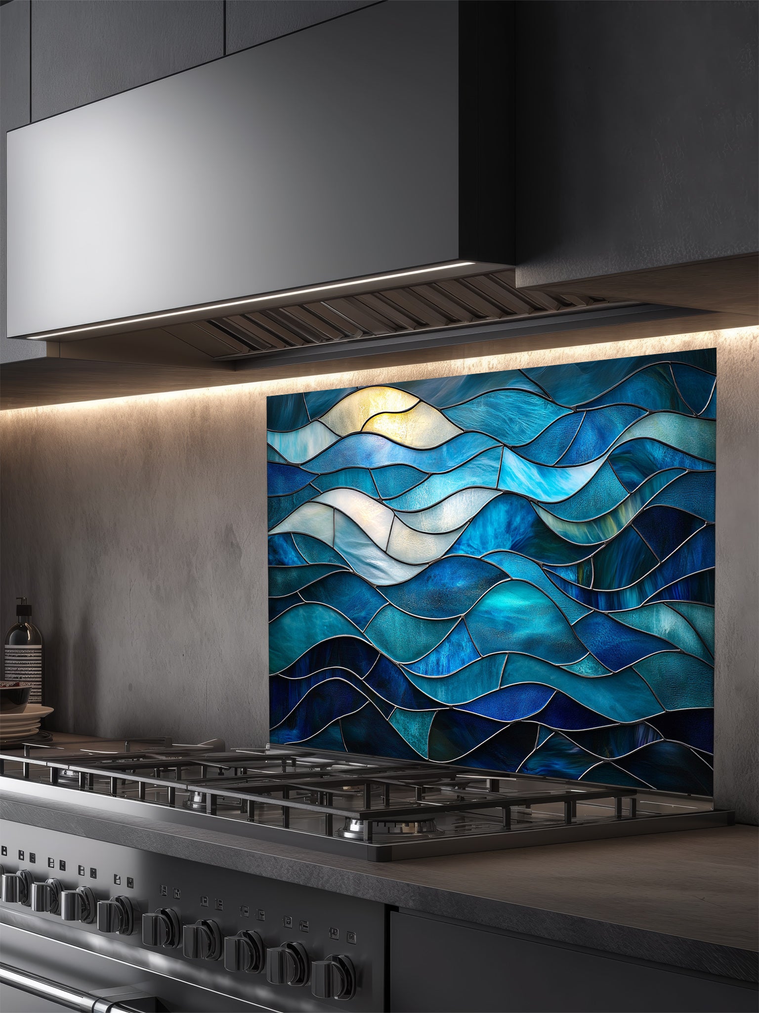 Stained glass style abstract ocean waves in rich blue and turquoise hues, UV printed on a smooth tempered glass kitchen backsplash, installed behind a modern stove.