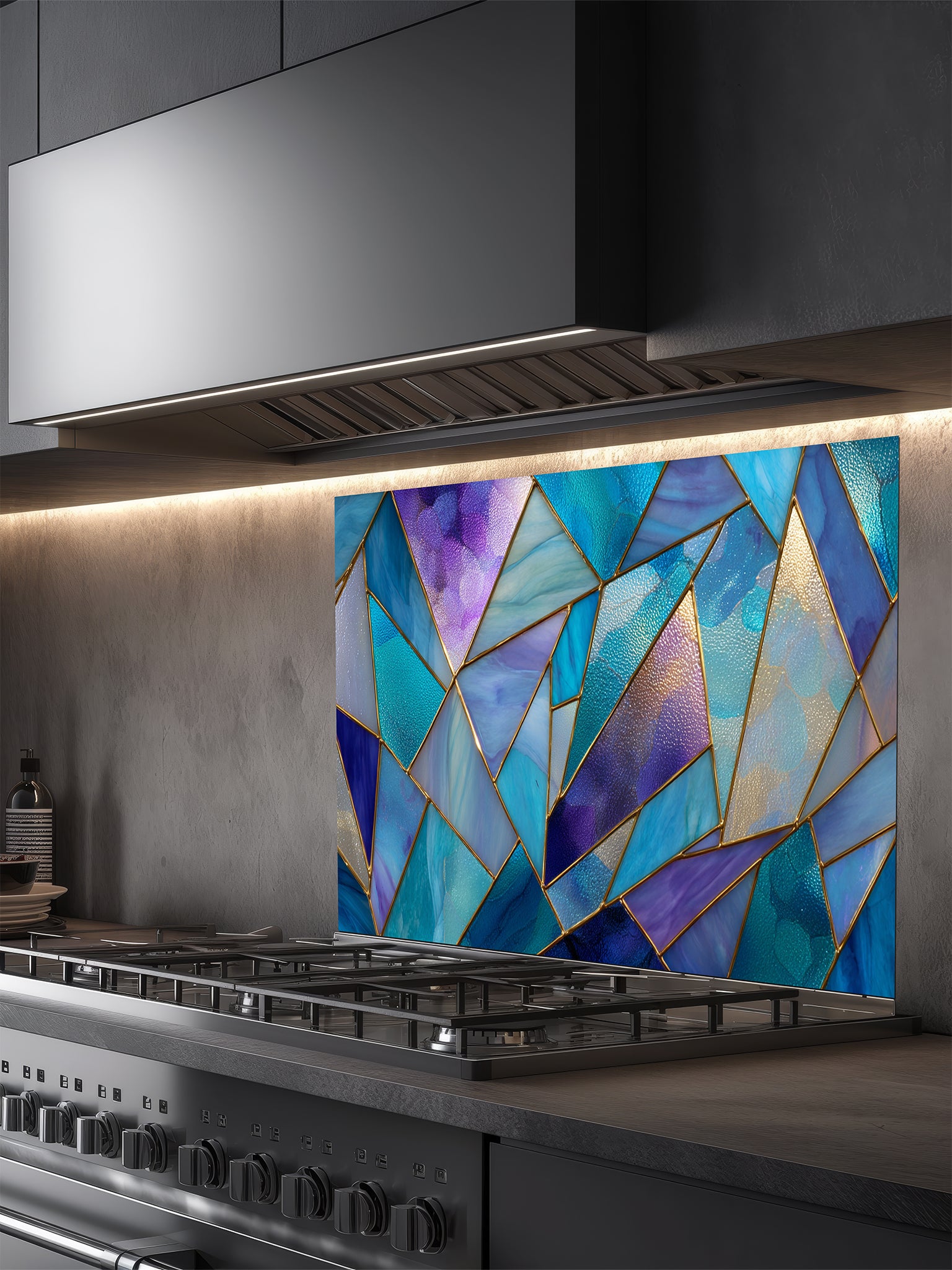 Tempered glass kitchen backsplash featuring a vibrant geometric stained glass effect with blue, teal, and purple shards separated by gold lines, installed behind a modern stainless steel stove.