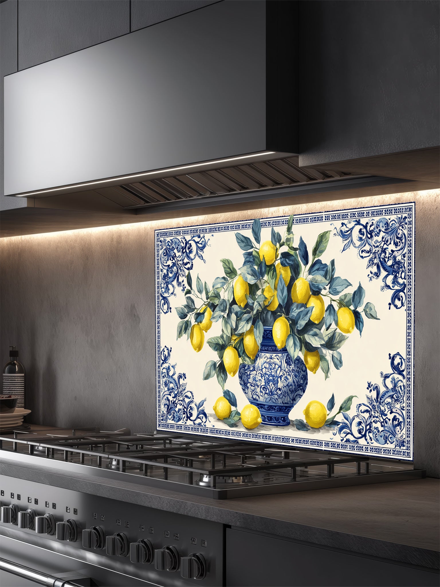 Decorative glass backsplash with lemon design above a stove in a kitchen