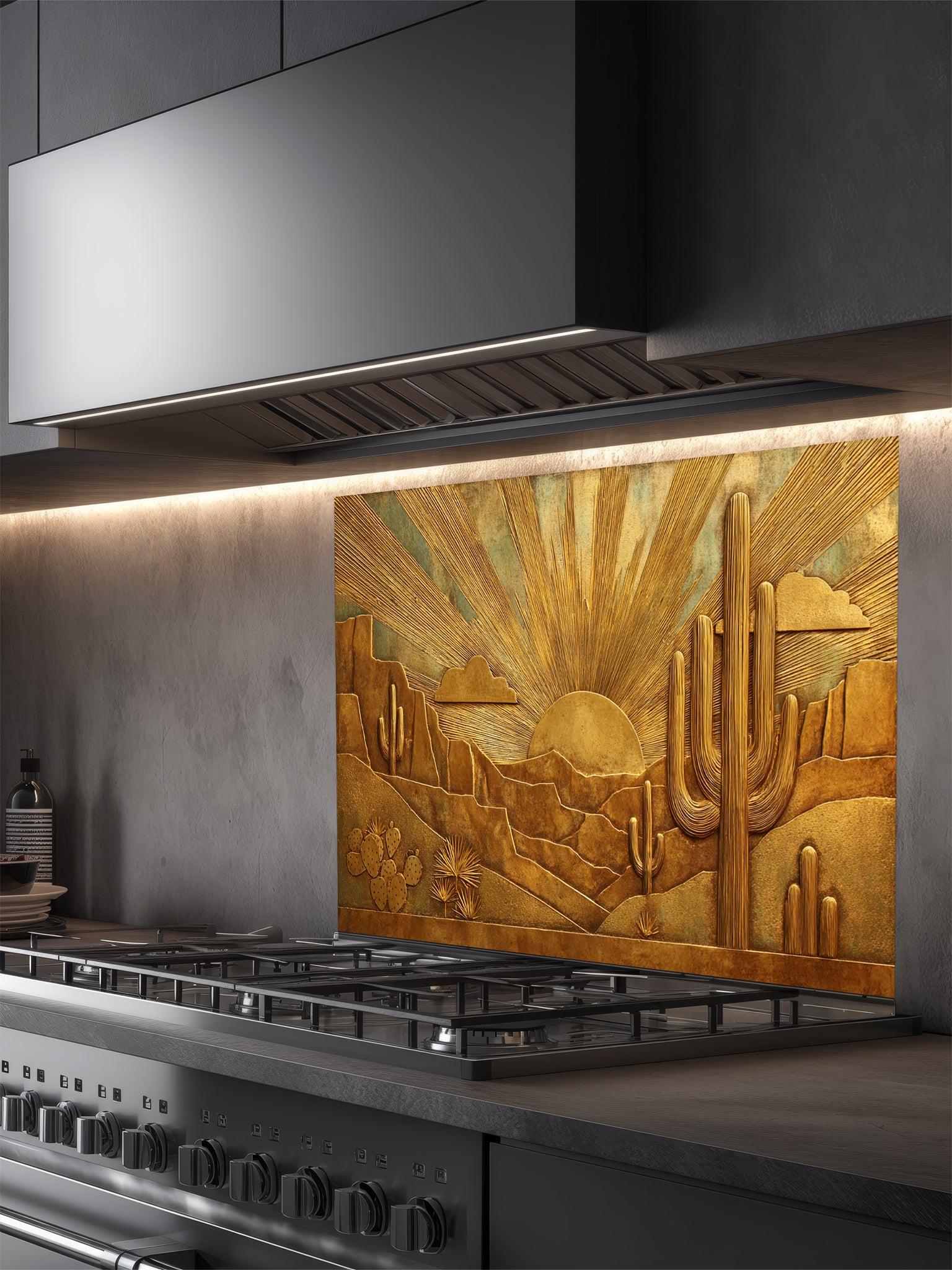 Faux 3D sculpted bronze and brass relief of a desert landscape with saguaro cacti and a radiant sunburst, UV printed on a smooth tempered glass kitchen backsplash.