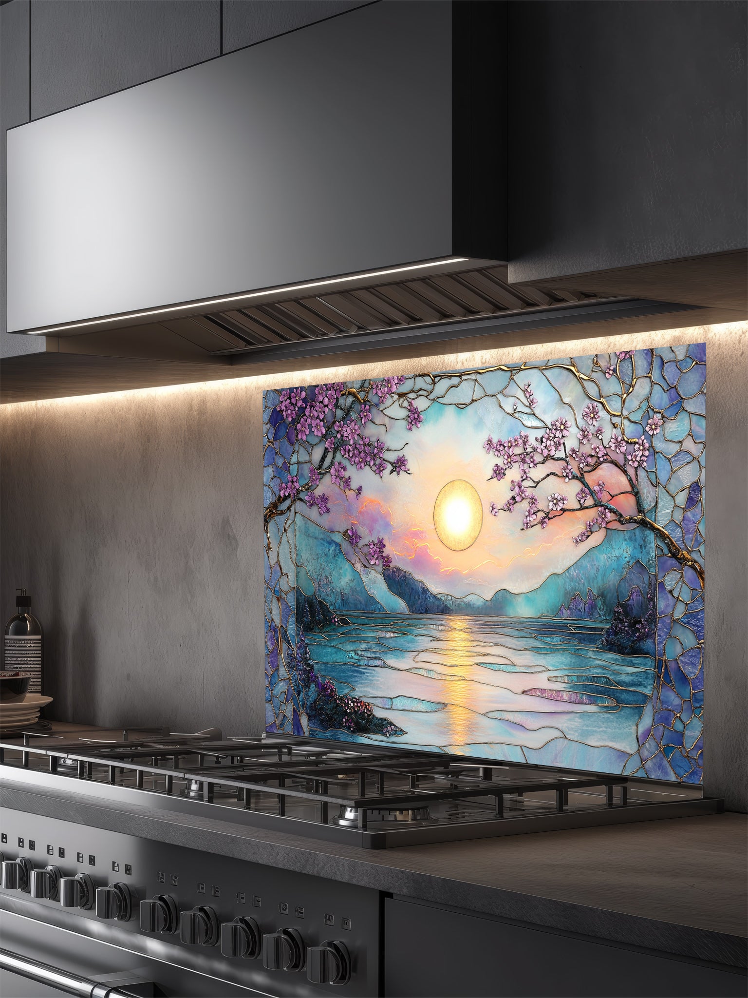 Stained glass style serene sunset over a lake with pink cherry blossoms and mountains, UV printed on a smooth tempered glass kitchen backsplash, installed behind a modern stove.