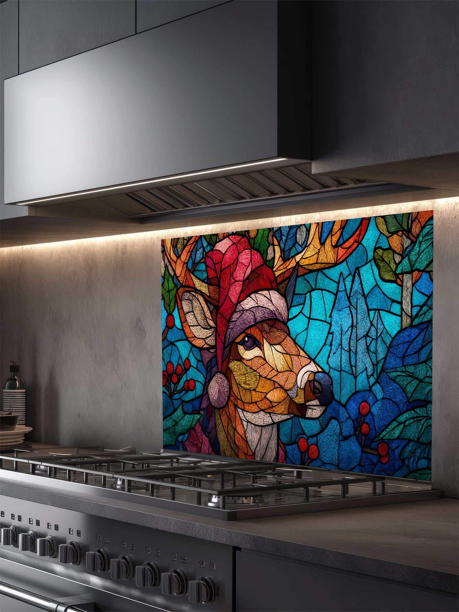 Tempered glass kitchen backsplash featuring a highly realistic 3D illusion of stained glass and mosaic art showing a festive reindeer wearing a red Santa hat in a frosty blue winter forest with holly berries, installed behind a modern black stove.
