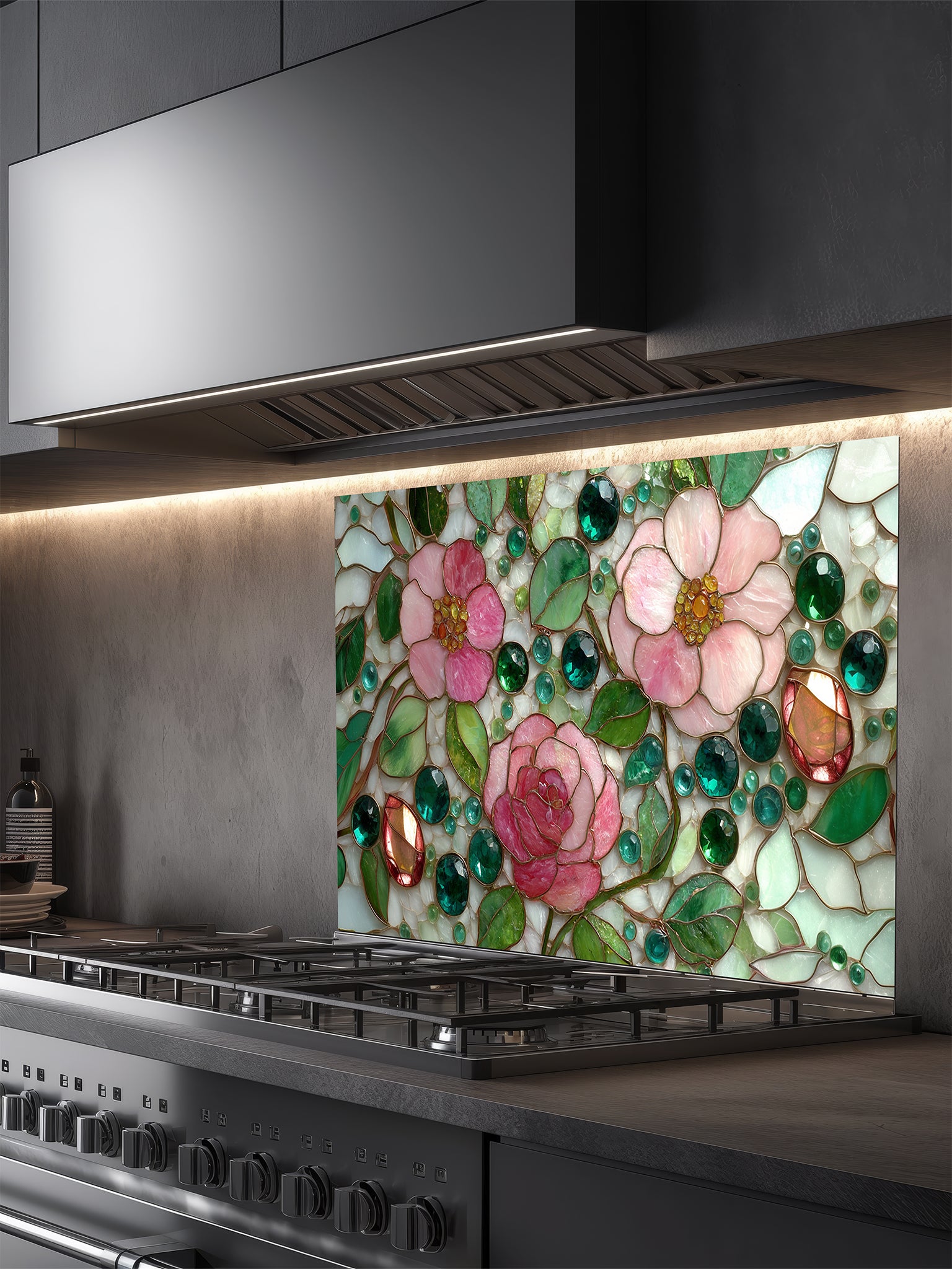 Tempered glass kitchen backsplash featuring a highly realistic faux stained glass design of delicate pink roses, green leaves, and jewel-like glass beads on a pale mosaic background, installed behind a modern stainless steel stove.