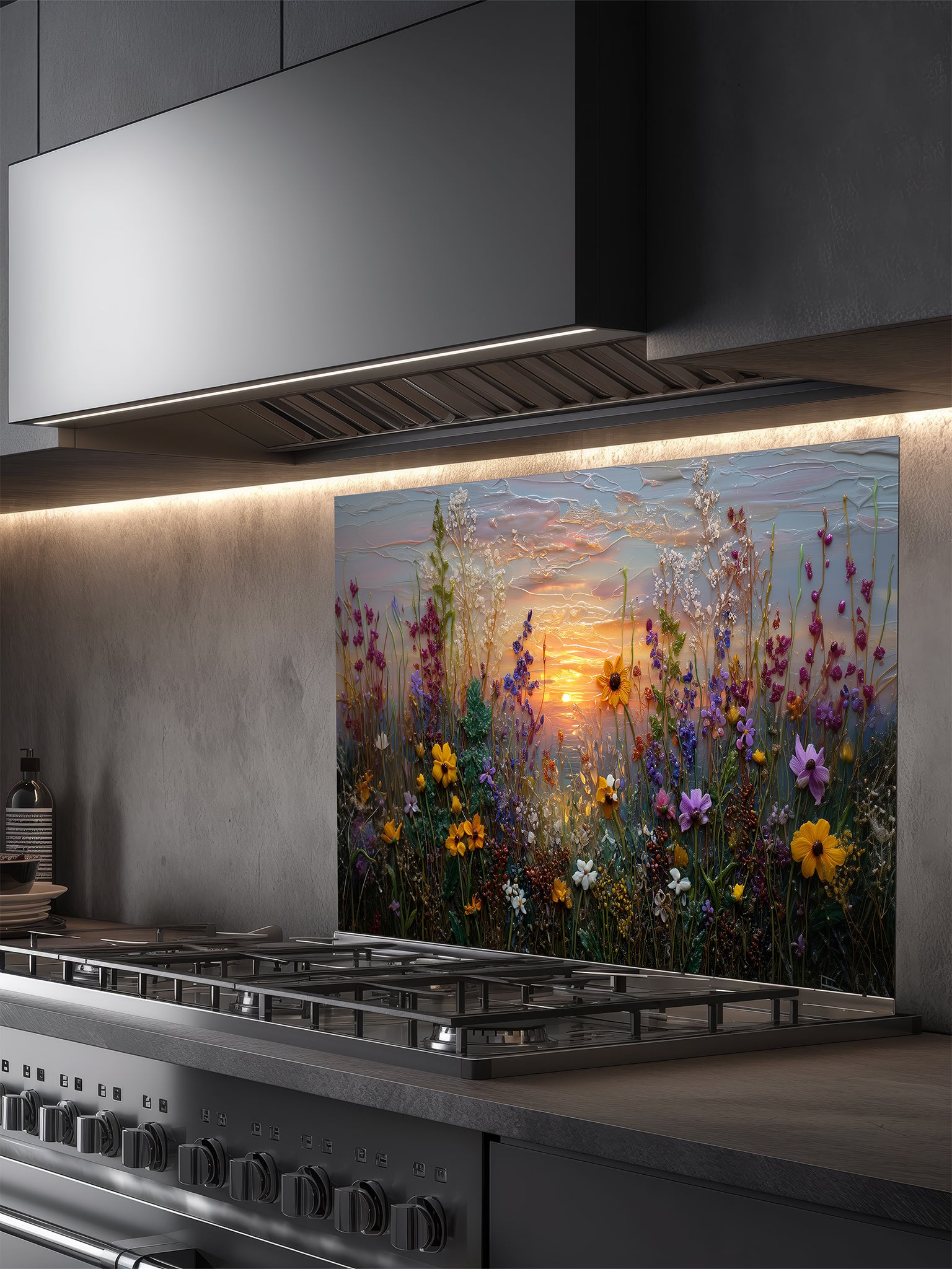 Tempered glass kitchen backsplash featuring a highly realistic 3D illusion of an impasto oil painting showing a vibrant wildflower meadow against a soft pastel sunset sky, installed behind a modern stainless steel stove.