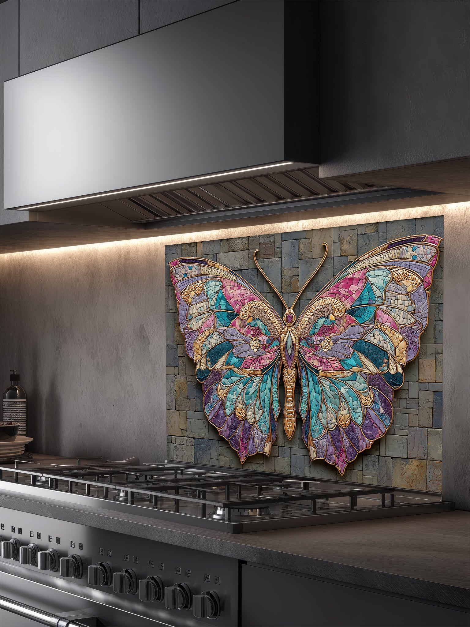 Tempered glass kitchen backsplash featuring a highly realistic 3D illusion of mixed-media art, showing a vibrant mosaic butterfly in jewel tones of teal, purple, and gold resting against a rugged, textured dark grey slate stone brick background, installed behind a modern black stove.