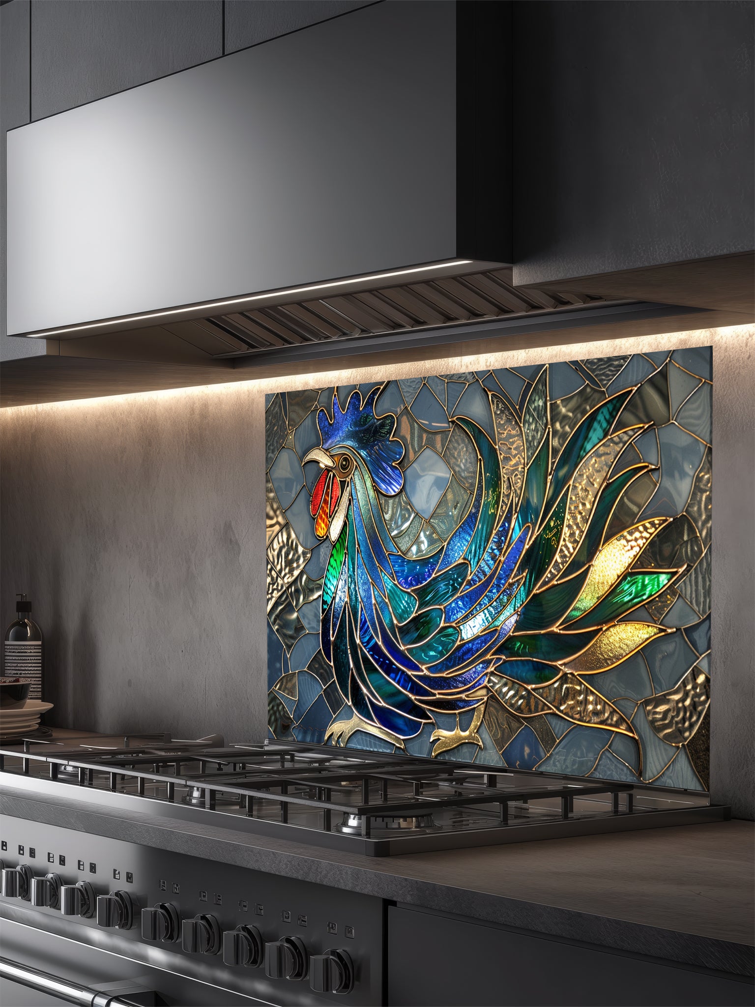 Faux stained glass pattern featuring a vibrant blue, green, and gold rooster against a grey mosaic background, UV printed on a smooth tempered glass kitchen backsplash.