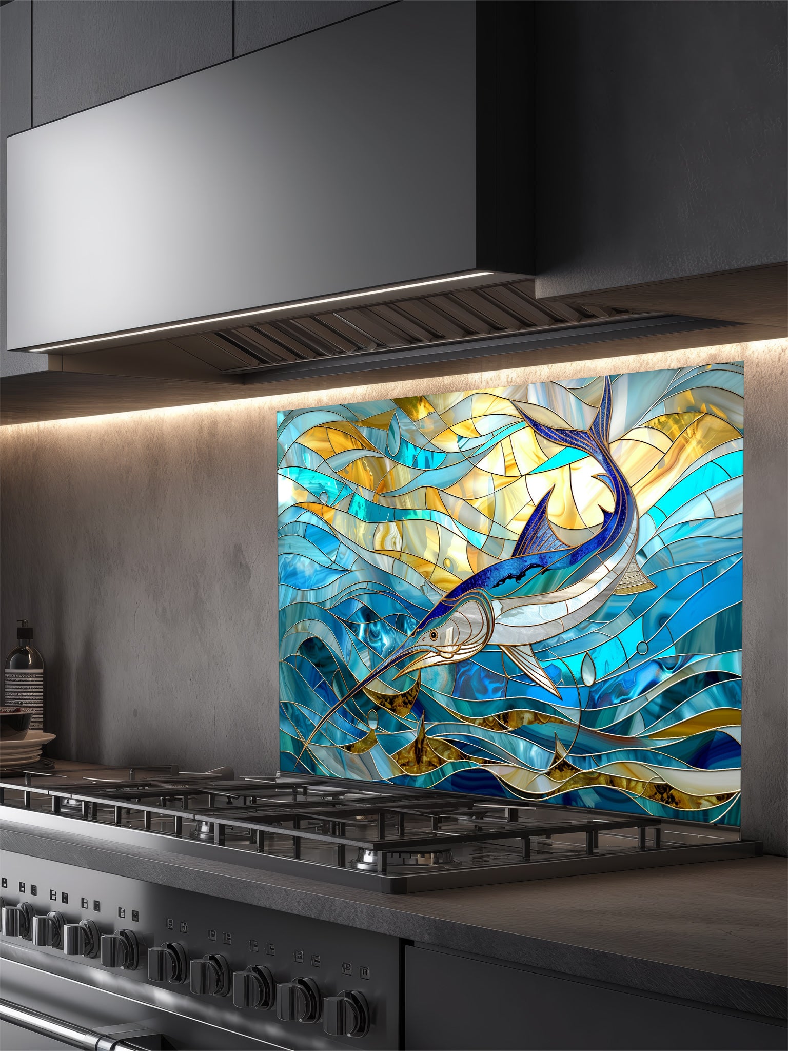 Tempered glass kitchen backsplash featuring a highly realistic 3D illusion of stained glass art showing a majestic blue marlin leaping through swirling ocean waves in vibrant blues and glowing amber tones, installed behind a modern stainless steel stove.