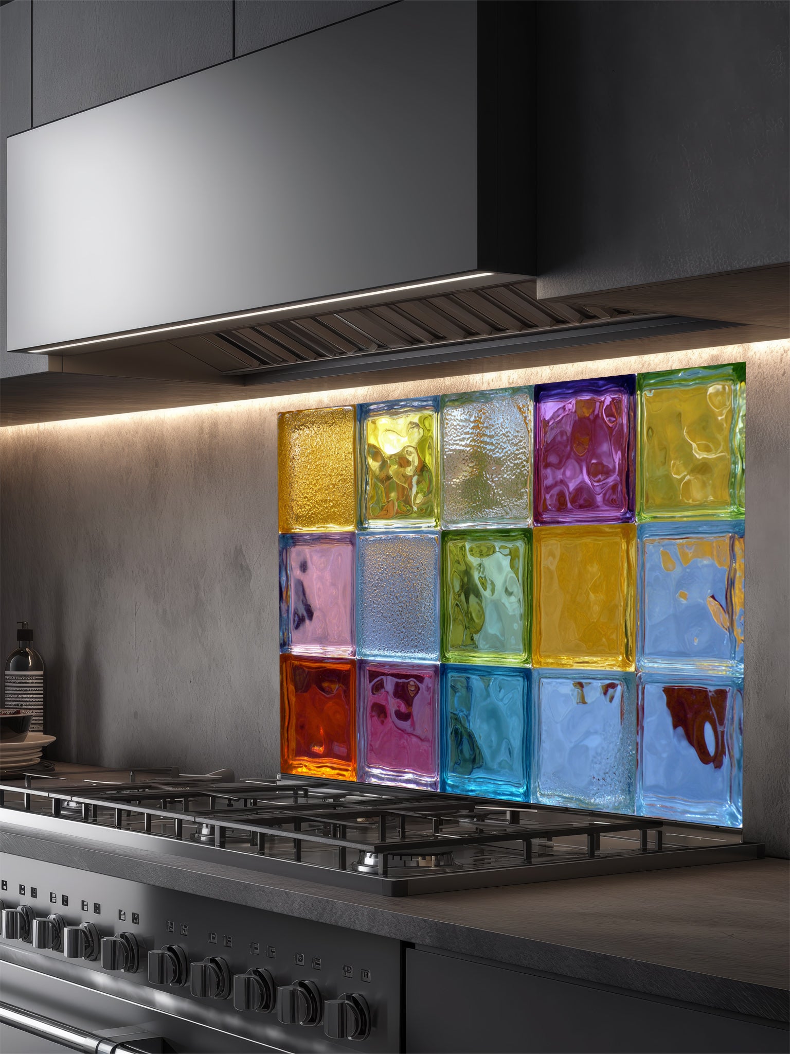 Tempered glass kitchen backsplash featuring a highly realistic 3D illusion of colorful architectural glass blocks in vibrant translucent hues of blue, green, yellow, and purple with wavy textures, installed behind a modern stainless steel stove.