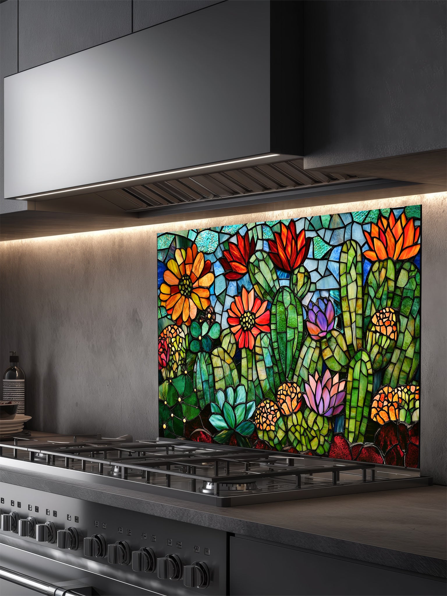Stained glass style vibrant green cacti with blooming orange, red, and pink flowers in a desert landscape, UV printed on a smooth tempered glass kitchen backsplash, installed behind a modern stove.