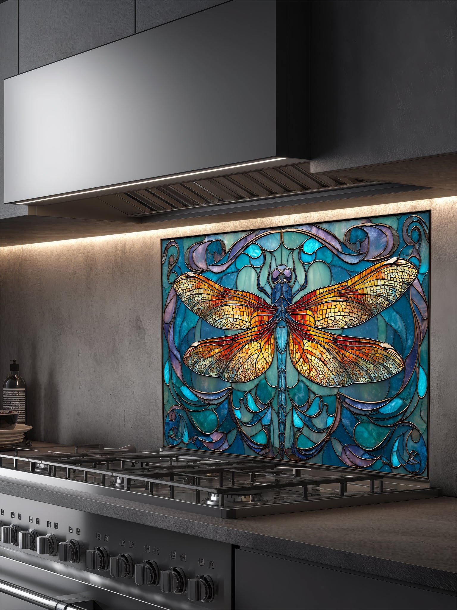 Tempered glass kitchen backsplash featuring a highly realistic 3D illusion of Art Nouveau stained glass showing a magnificent, symmetrical dragonfly with vibrant amber and gold wings set against a swirling teal, blue, and purple patterned background, installed behind a modern black stove.