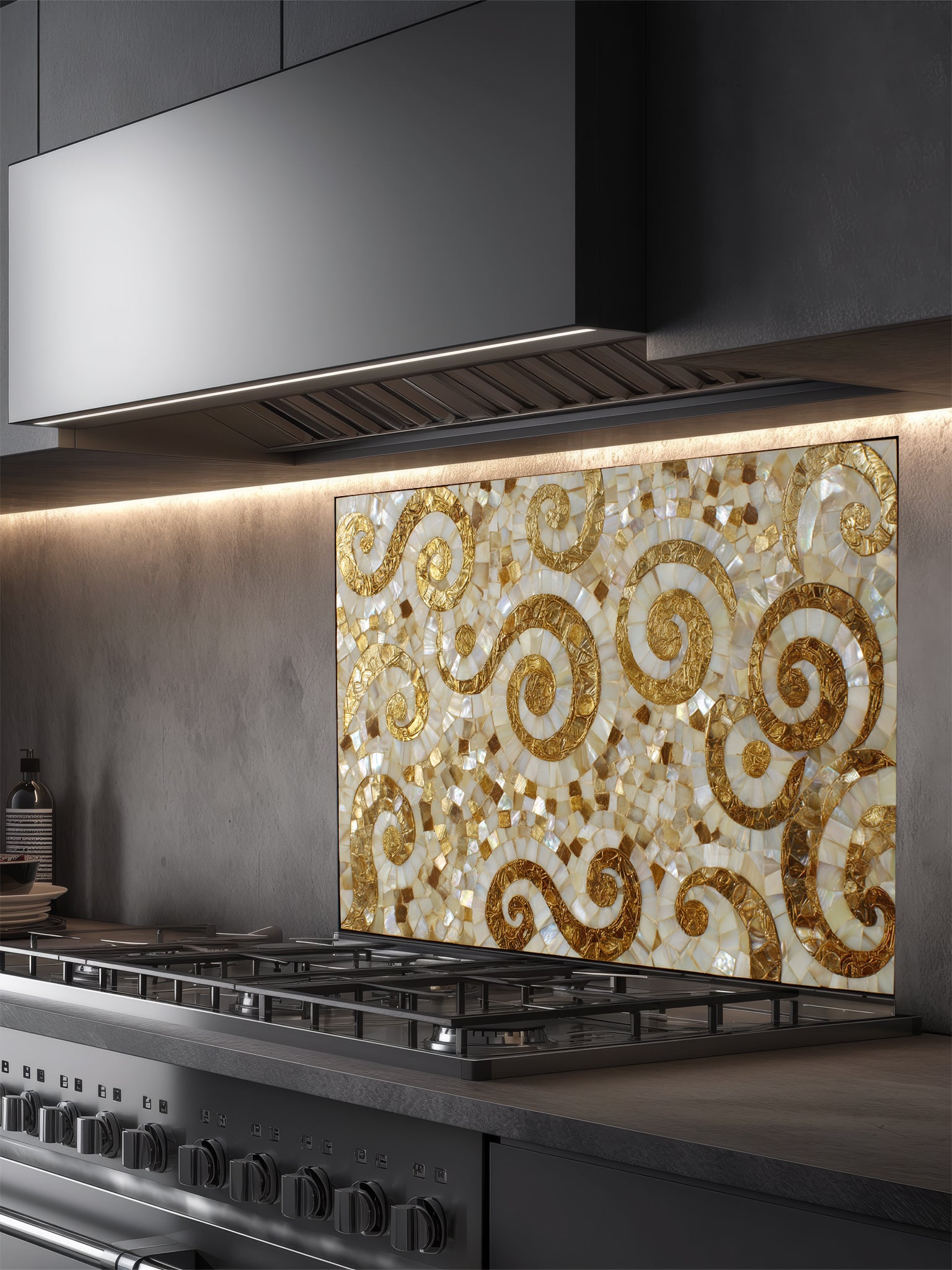 Faux 3D mosaic tile pattern featuring elegant gold swirls on an iridescent mother-of-pearl background, UV printed on a smooth tempered glass kitchen backsplash.