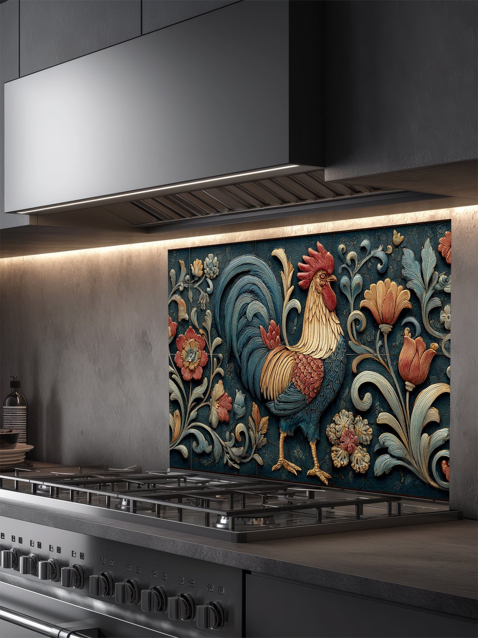 Faux 3D carved relief of a majestic rooster and floral motifs in teal and rust tones, UV printed on a smooth tempered glass kitchen backsplash.