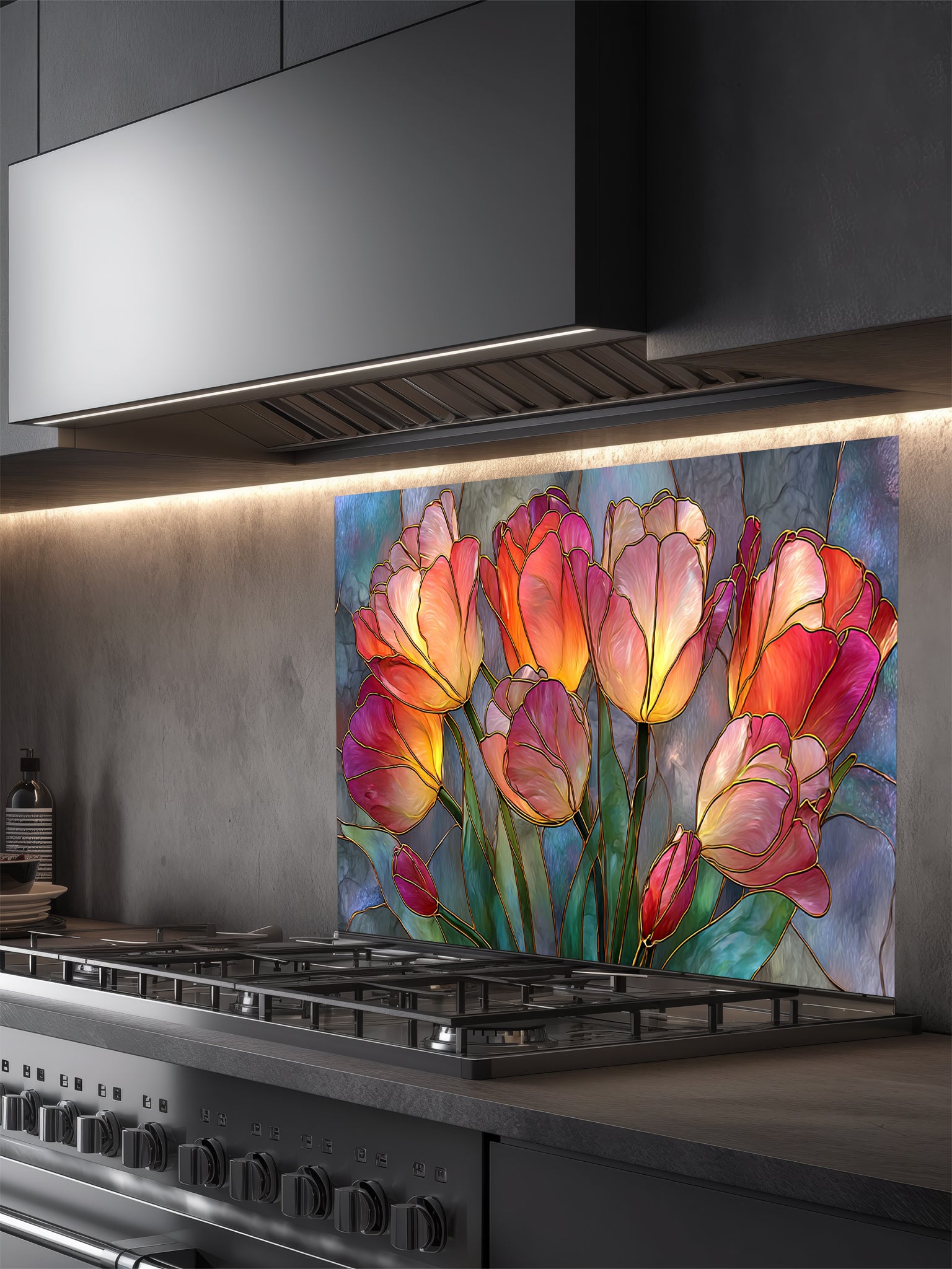 Stained glass style blooming tulips in vibrant red, orange, yellow, and pink on a textured blue background, UV printed on a smooth tempered glass kitchen backsplash, installed behind a modern stove.