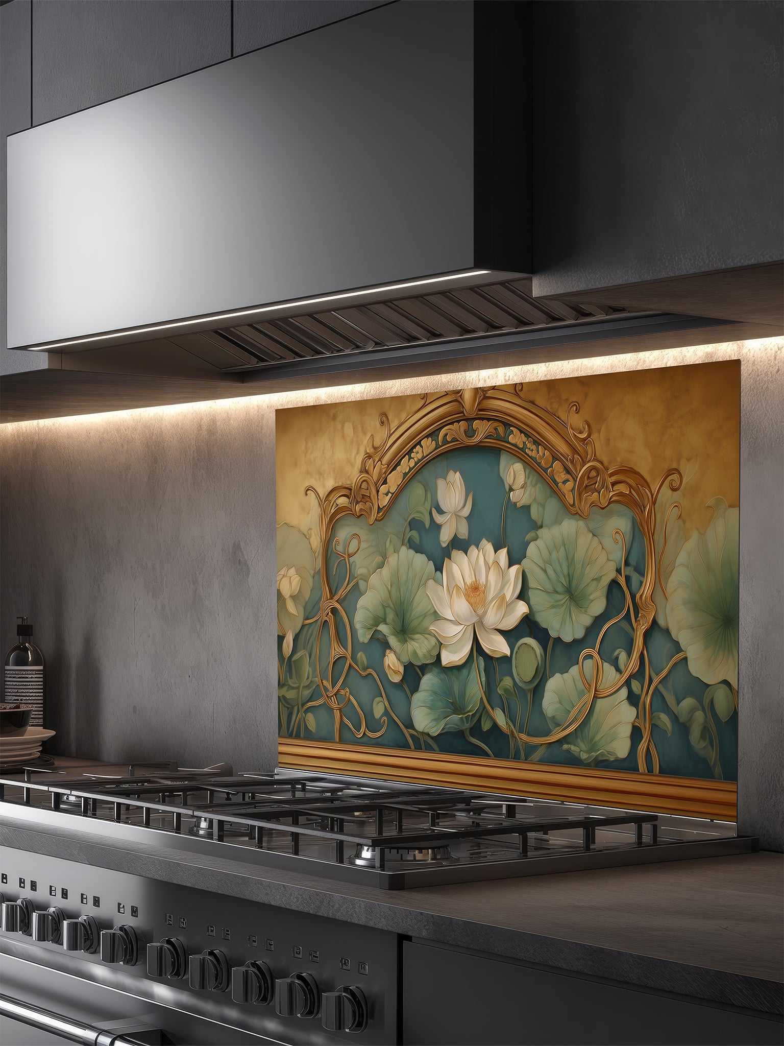 Tempered glass kitchen backsplash featuring a realistic 3D-effect ornate vintage gold frame enclosing a classic painting of white lotus flowers and lily pads on a teal background, installed behind a modern stainless steel stove.