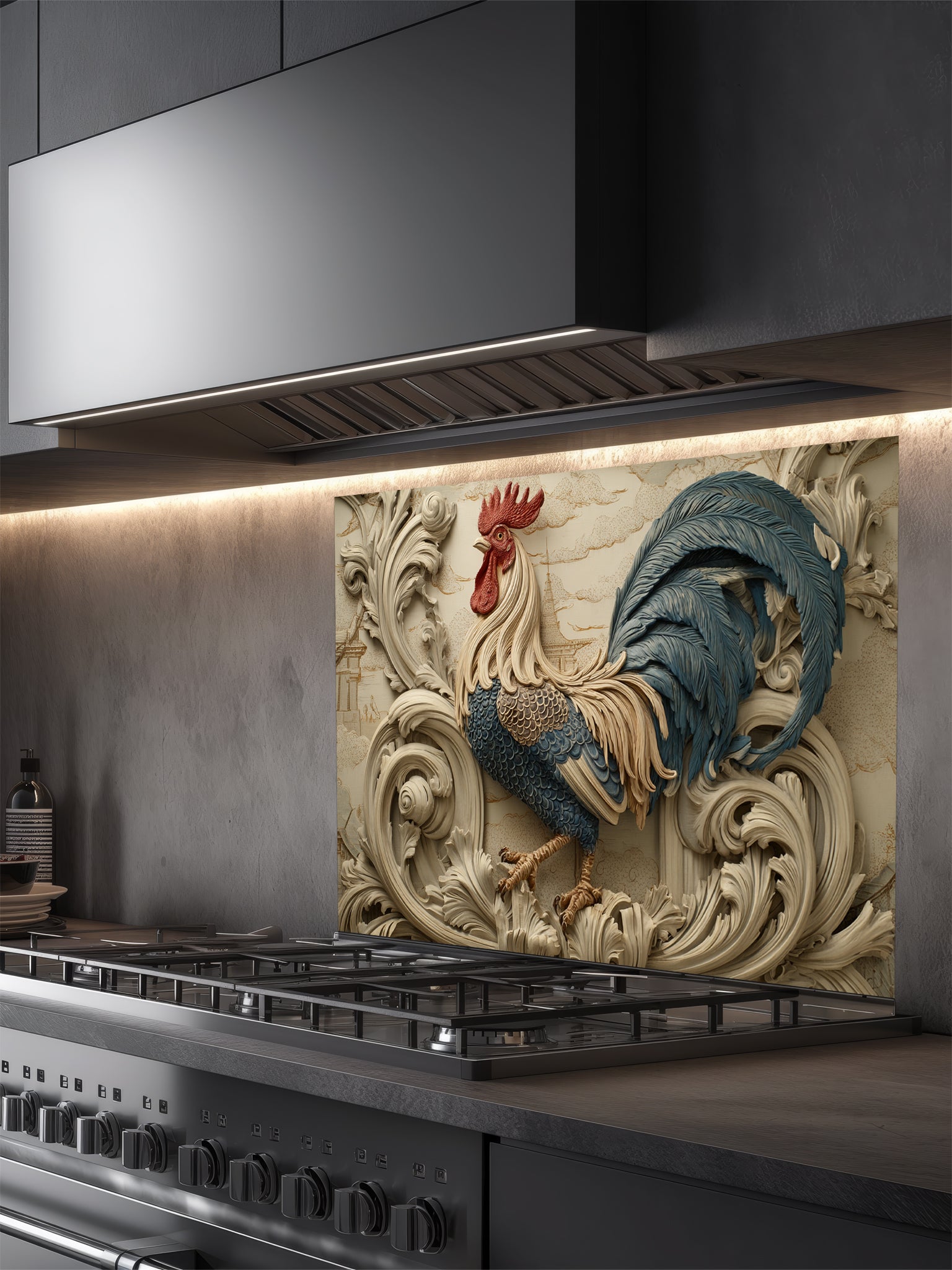 Tempered glass kitchen backsplash featuring a highly realistic 3D illusion of an intricately carved bas-relief sculpture showing a proud rooster with slate blue and gold feathers surrounded by ornate, flowing creamy beige baroque acanthus swirls, installed behind a modern black stove.