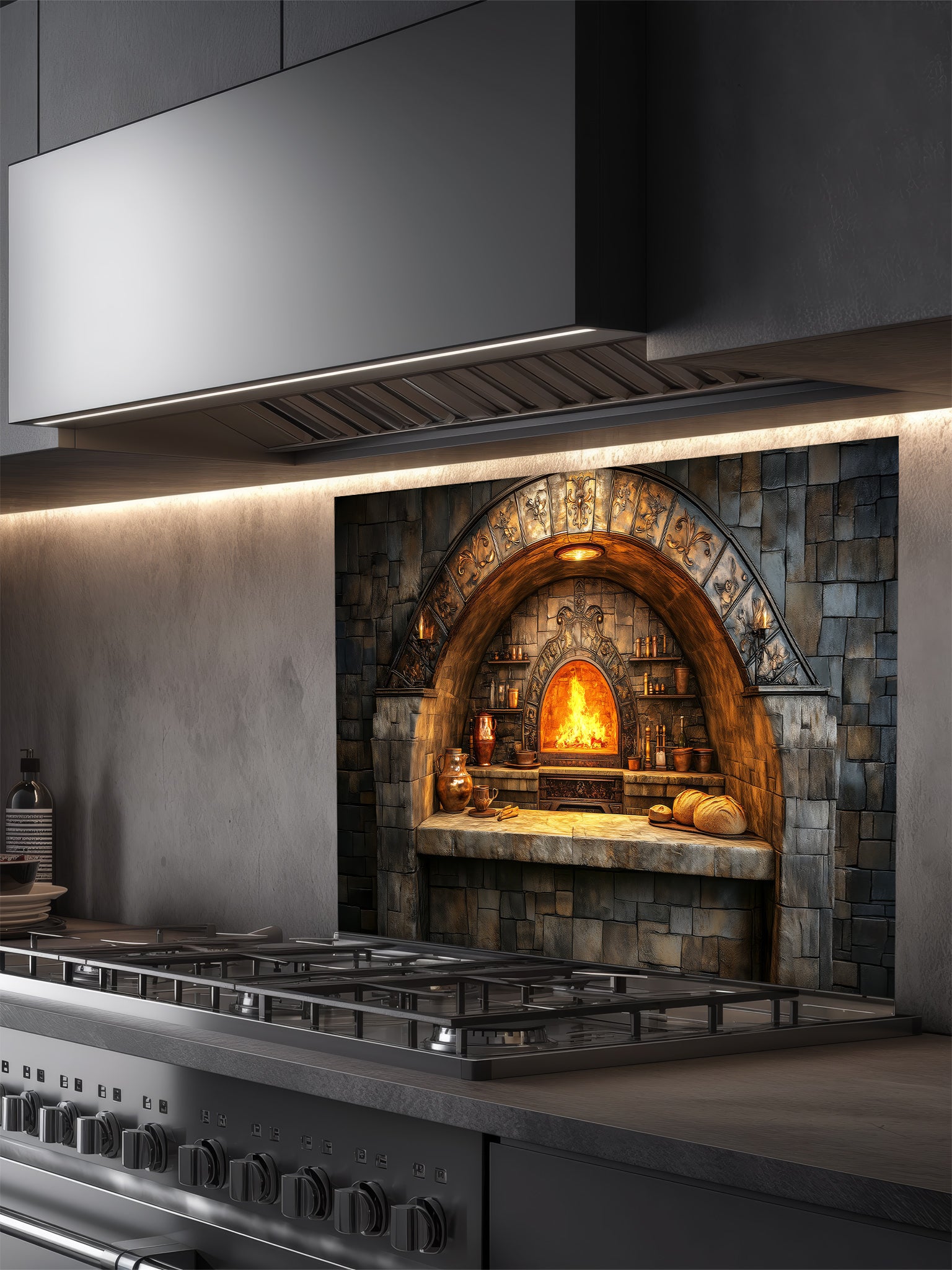 A cozy kitchen featuring a tempered glass backsplash with a highly realistic 3D illusion of a rustic stone oven, glowing fire, and vintage copper cookware, installed behind a modern black stove.