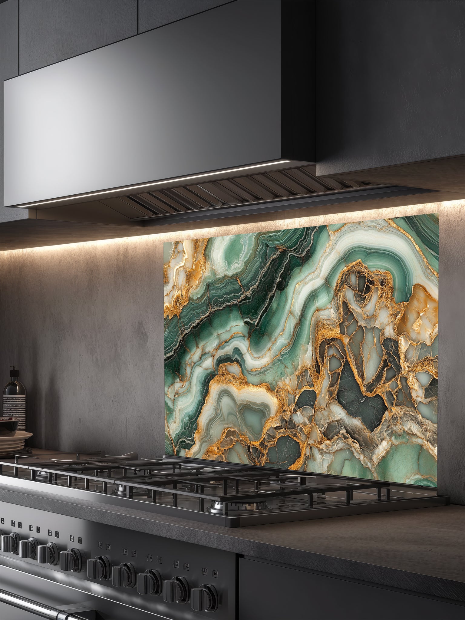 Faux luxury stone slice pattern featuring deep emerald green agate layers and striking gold veins, UV printed on a smooth tempered glass kitchen backsplash.
