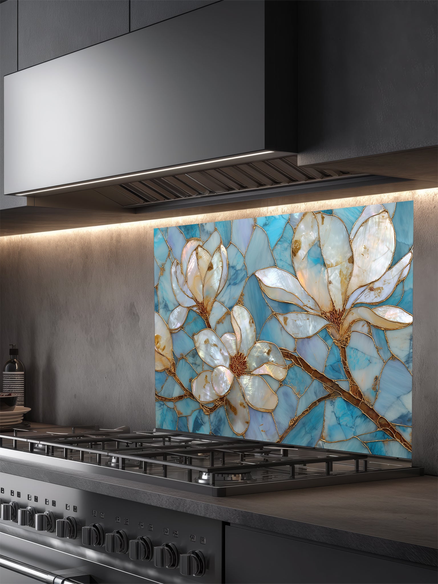 Stained glass style white magnolia flowers with gold veining on a beautiful cracked blue agate background, UV printed on a smooth tempered glass kitchen backsplash, installed behind a modern stove.