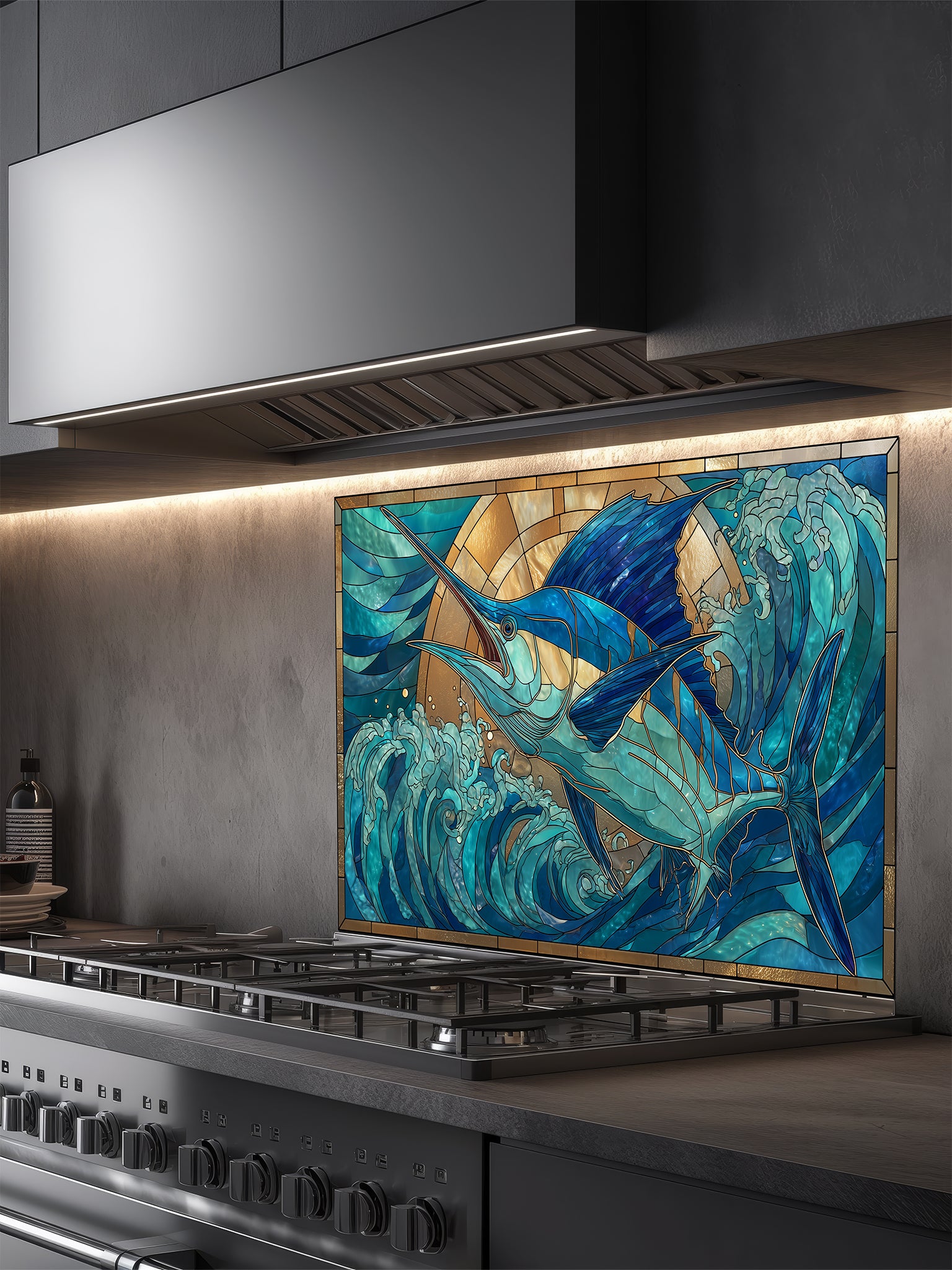 Tempered glass kitchen backsplash featuring a vibrant faux stained glass design of a majestic blue marlin leaping out of teal ocean waves against a glowing golden sunburst background, installed behind a modern stainless steel stove.