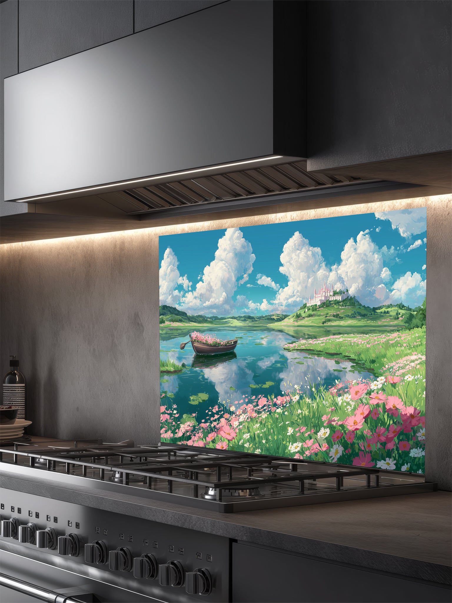 Anime style vibrant summer landscape with fluffy white clouds, a blue lake, a flower-filled boat, and pink cosmos flowers, UV printed on a smooth tempered glass kitchen backsplash.