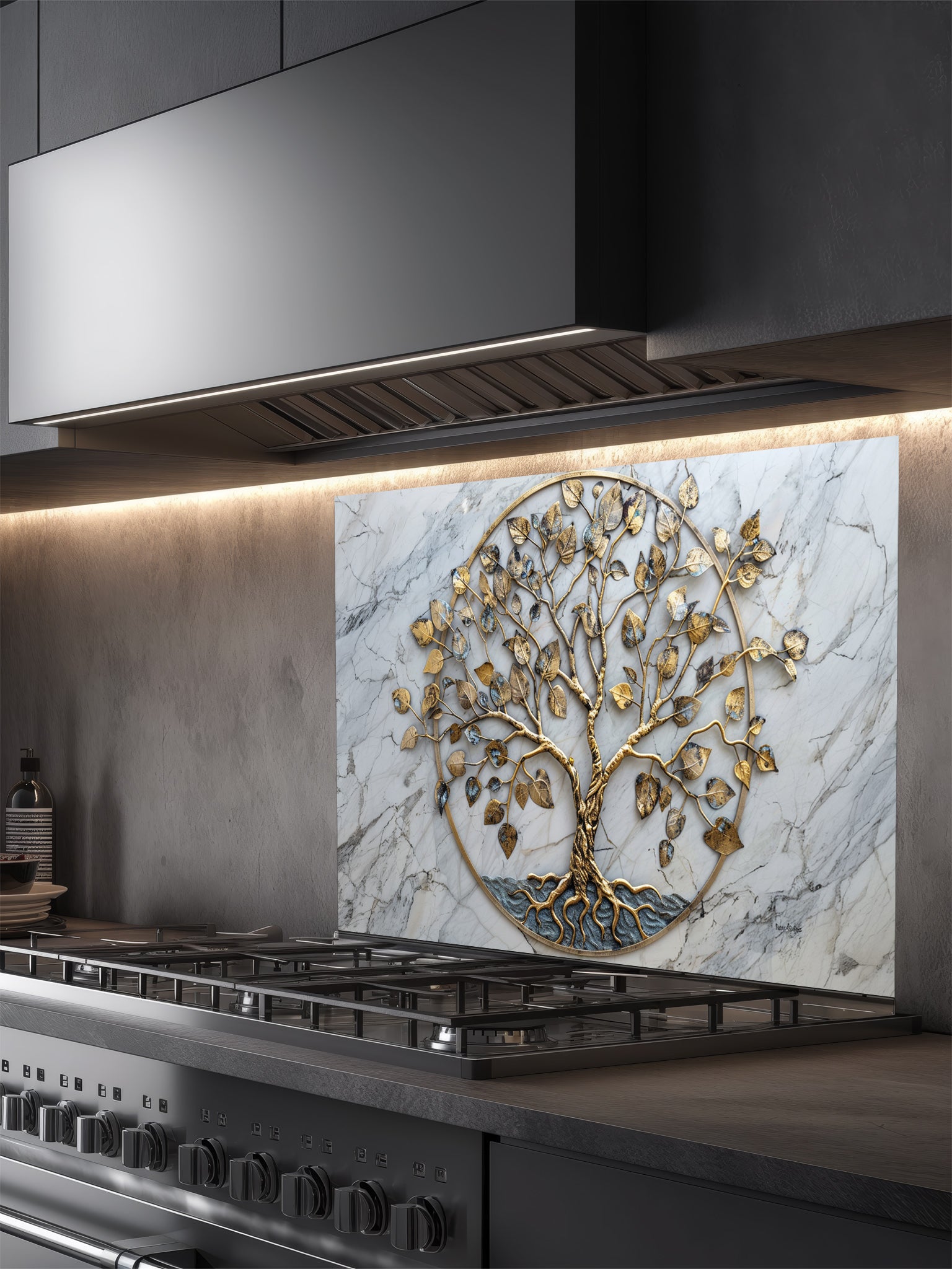 Faux 3D effect gold metal Tree of Life sculpture on an elegant white marble background, UV printed on a smooth tempered glass kitchen backsplash, installed behind a modern stove.